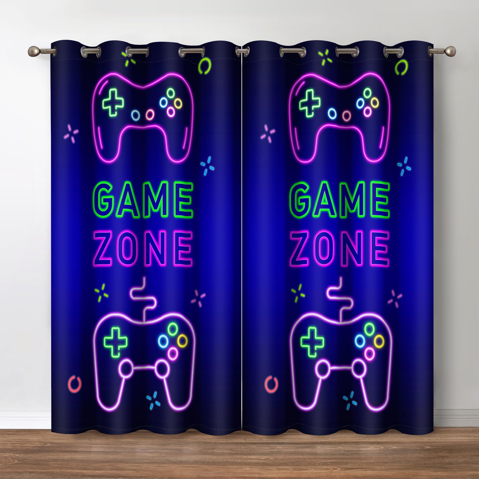 Jekeno Gaming Gamepad Blackout Curtains - Video Games Controller Neon Sign Pattern Drapes Decor Bedroom Apartment Playroom Living Room Darkening