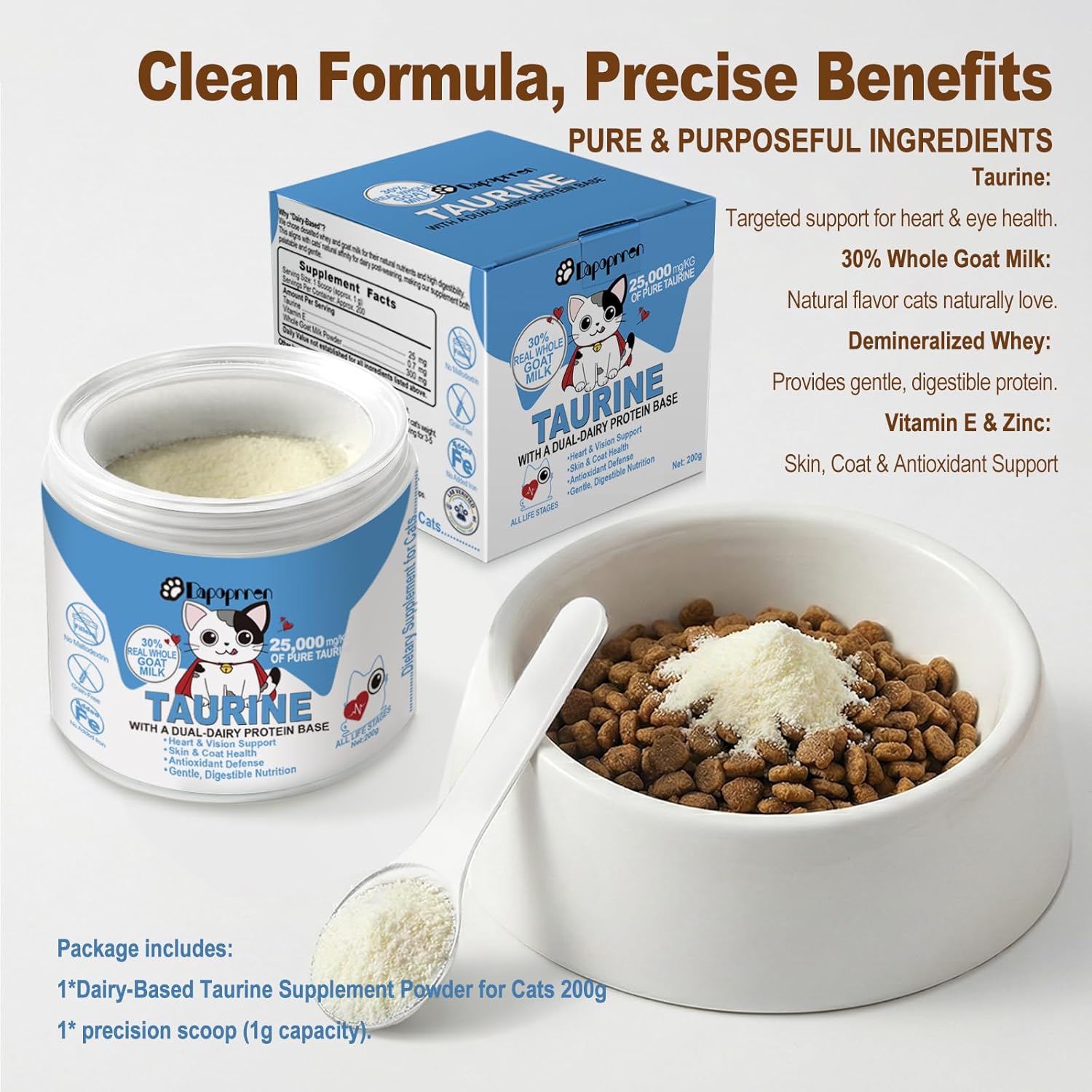 Taurine for Cats with 30% Whole Goat Milk, 0% Maltodextrin Iron-Free Cat Taurine Supplement for Cardiac & Vision Support, Hydrolyzed Protein Amino Acid Powder for Picky Felines - 200g