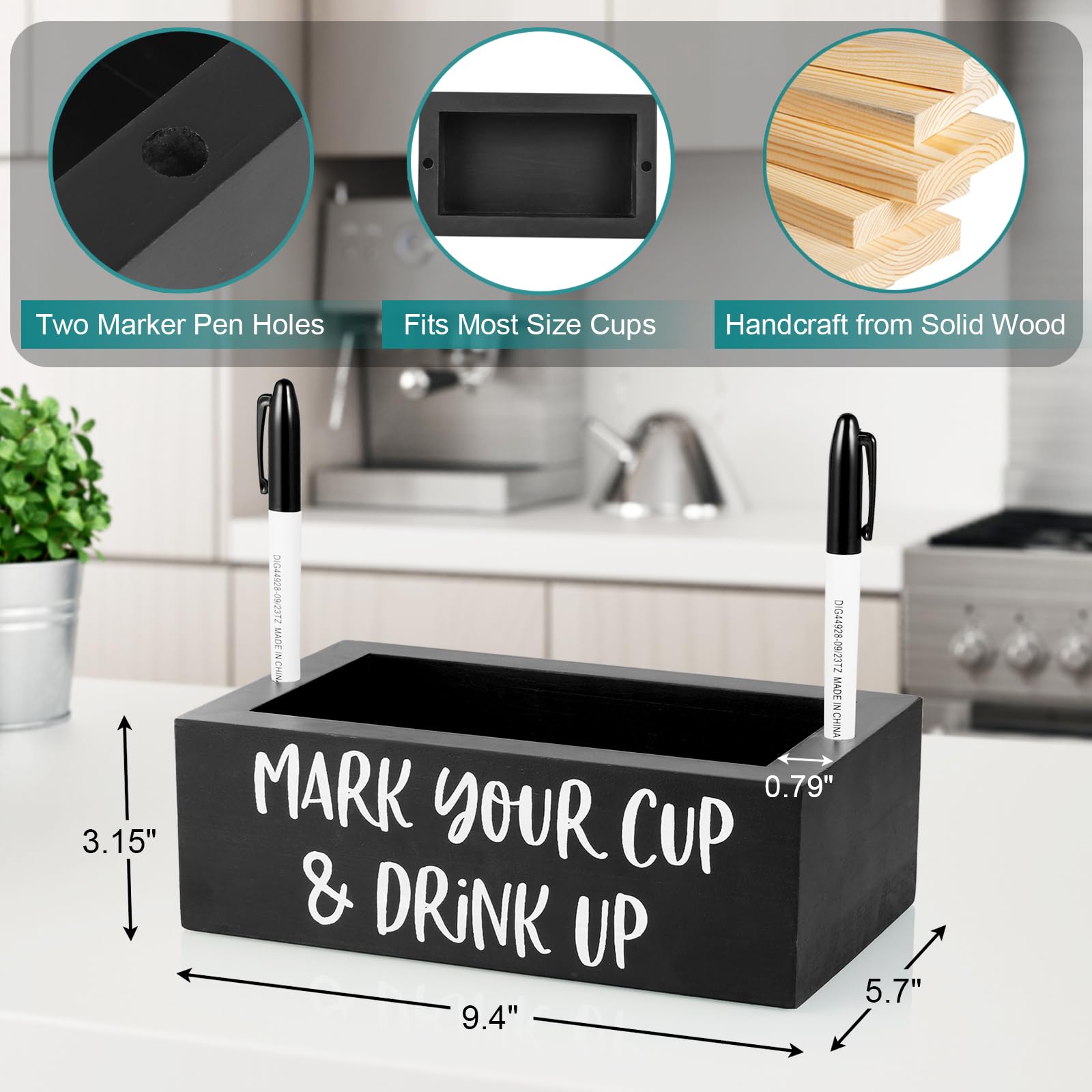 DRASTAR Double Solo Cup Holder with Marker Slot, Mark Your Cup and Drink Up Caddy, Farmhouse Wood Solo Cup Dispenser for Party, Bar Gift for Hostess, Black