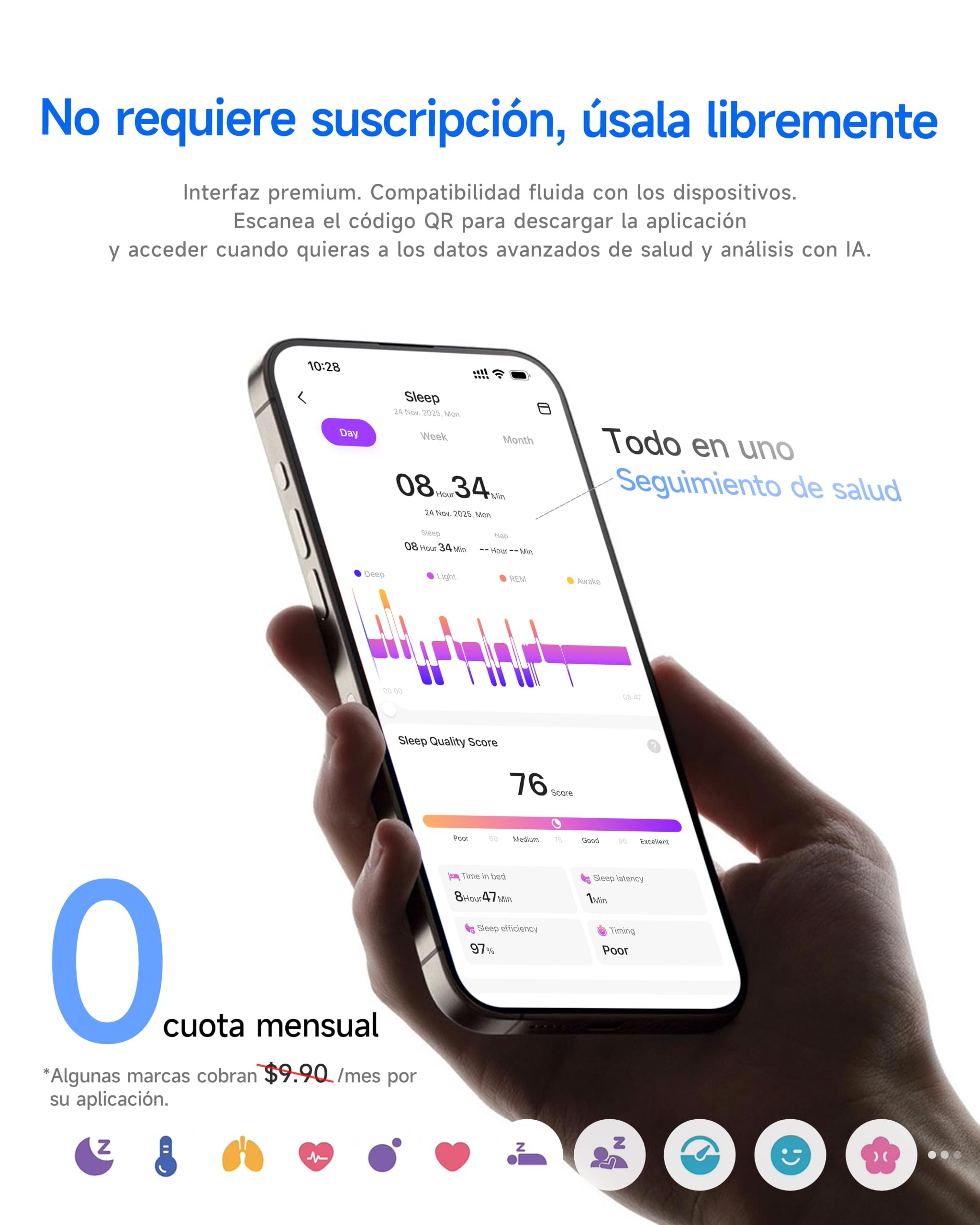 HOU Anillo Inteligente, Sin Suscripción, Cerámica Negra, Talla 10 | Monitor de Sueño y SpO2丨Frecuencia Cardíaca丨Resistente al agua IP68丨Batería de hasta 30 días丨Más de 100 modos deportivos