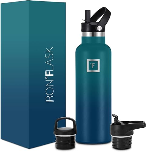 IRON FLASK - Botella de agua deportiva de 20 onzas líquidas, 3 tapas (tapa de pajilla), a prueba de fugas, acero inoxidable aislado al vacío, se
