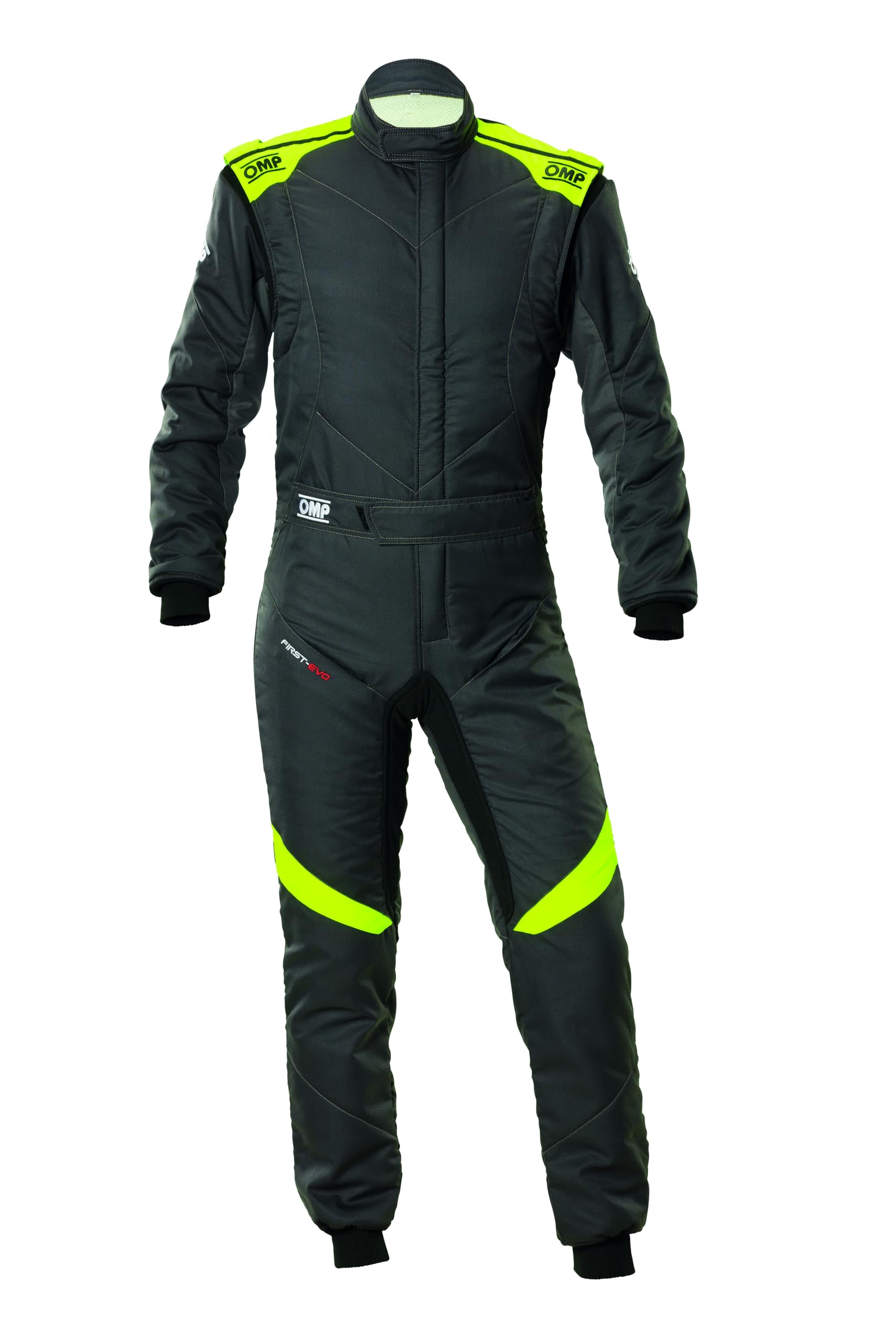 Omp - First Evo Race Suit, FIA 8856-2018, Comfort and Breathability, Anthracite/Fluo Yellow, Size 60