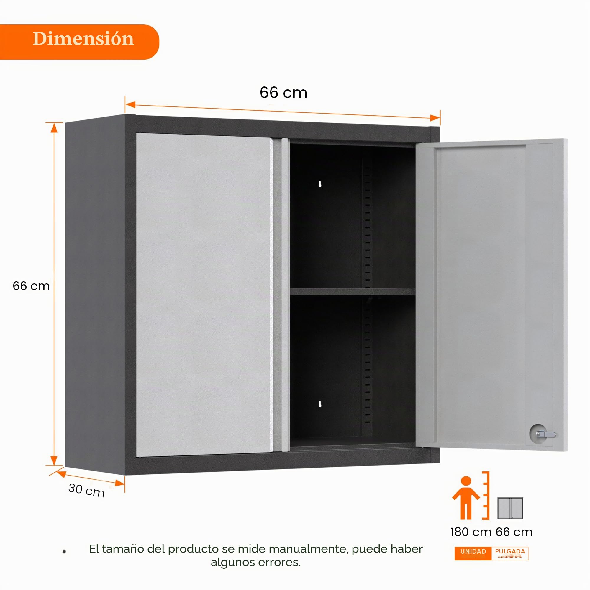 SUPEER Armario colgante de metal para herramientas con 1 estante ajustable en altura y 2 puertas, armario colgante de pared con cerradura de acero inoxidable, garaje, taller, cocina, 66 x 66 x 30 cm