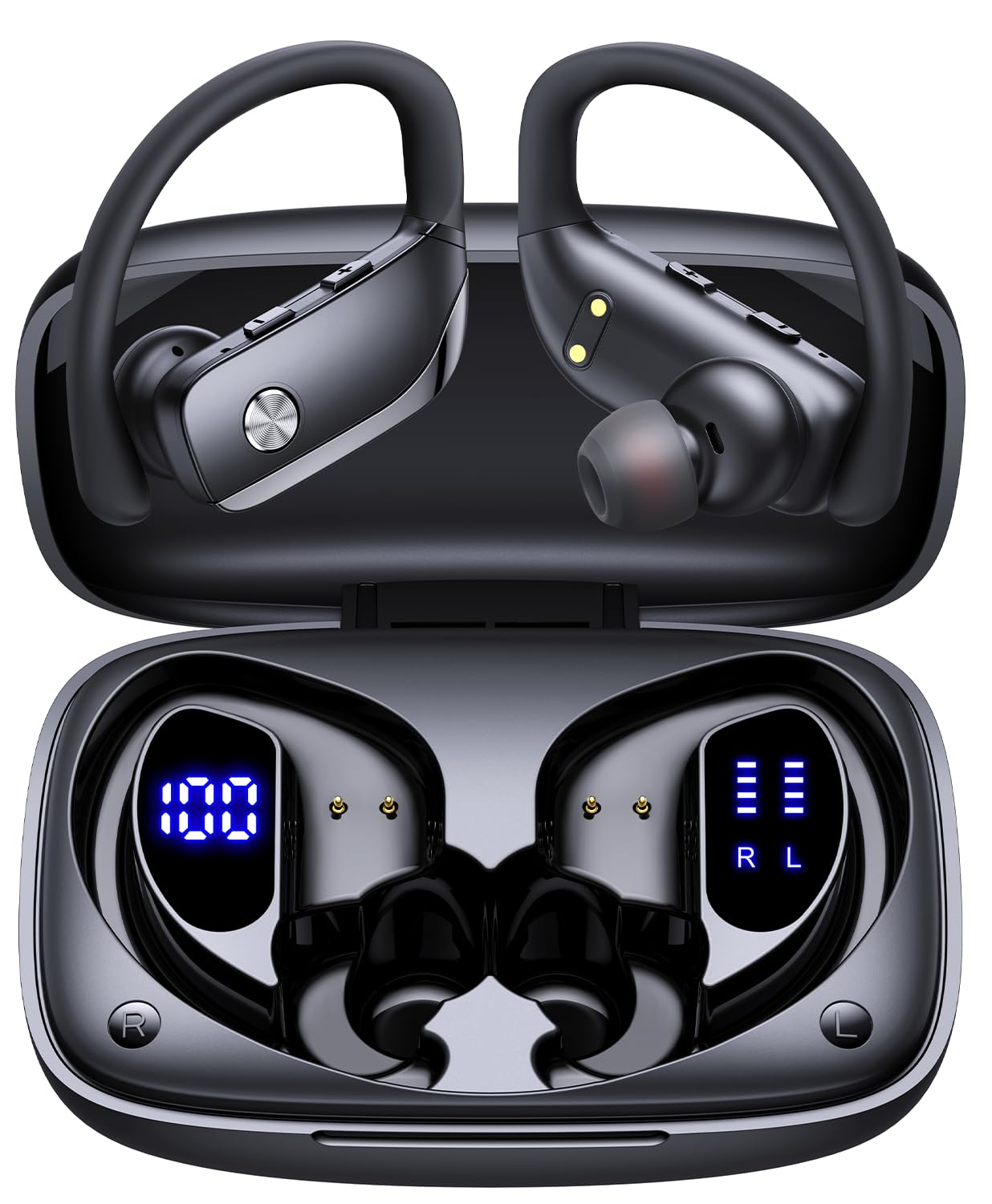 bmani Ear Buds Wireless Earbuds Bluetooth Headphones with 80H Playtime LED Display Case, Over-Ear Hook with Mic, Stereo Sound, Easy Button Controls, Sports Earphones for Running Workout Gym Black