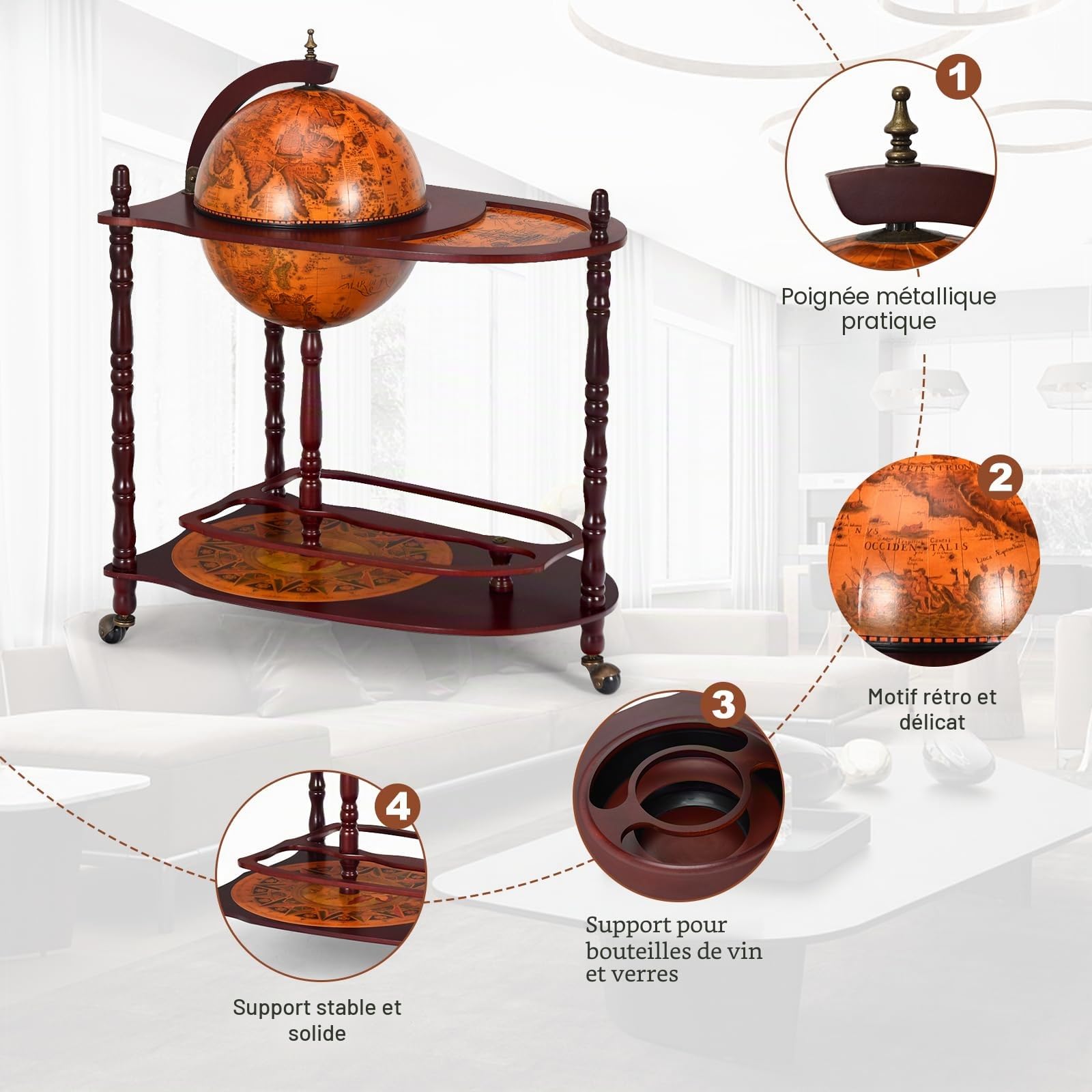 GIANTEX Bar Globe Terrestre en Bois d’Eucalyptus, Casier à Vin/Bouteilles, Chariot Mobile avec 3 roulettes et Couvercle, Mappemonde et Peinture Antique Imprimée, Style Vintage pour Salon, Restaurant
