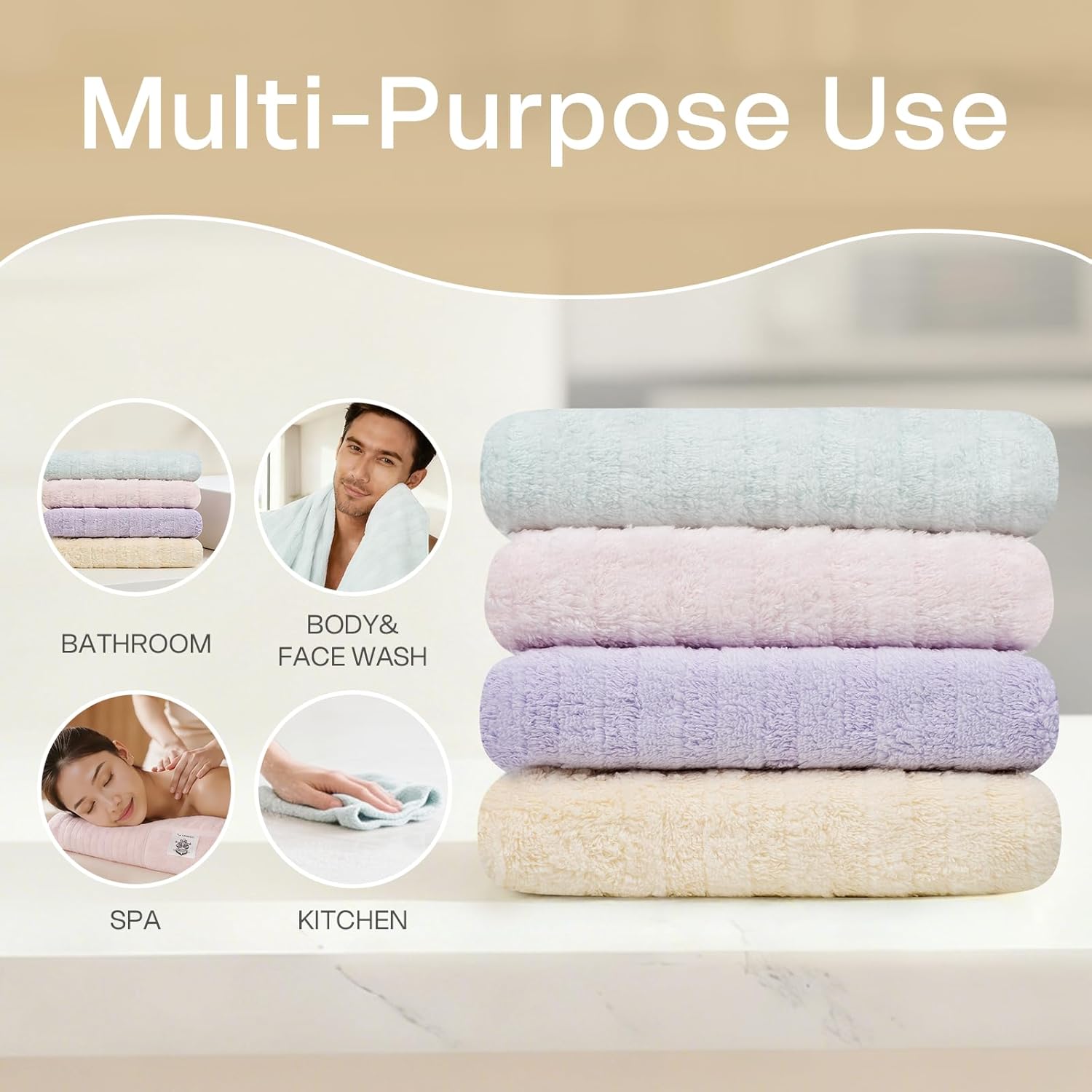Vie Triomphe Hand Towels 4 Pack, 13x31 Inch Compact Zero Twist Cotton, Slim Lightweight Super Soft Absorbent Hand Towel Set for Small Bathroom Gym Travel, Blue Green Pink Purple Space Saving