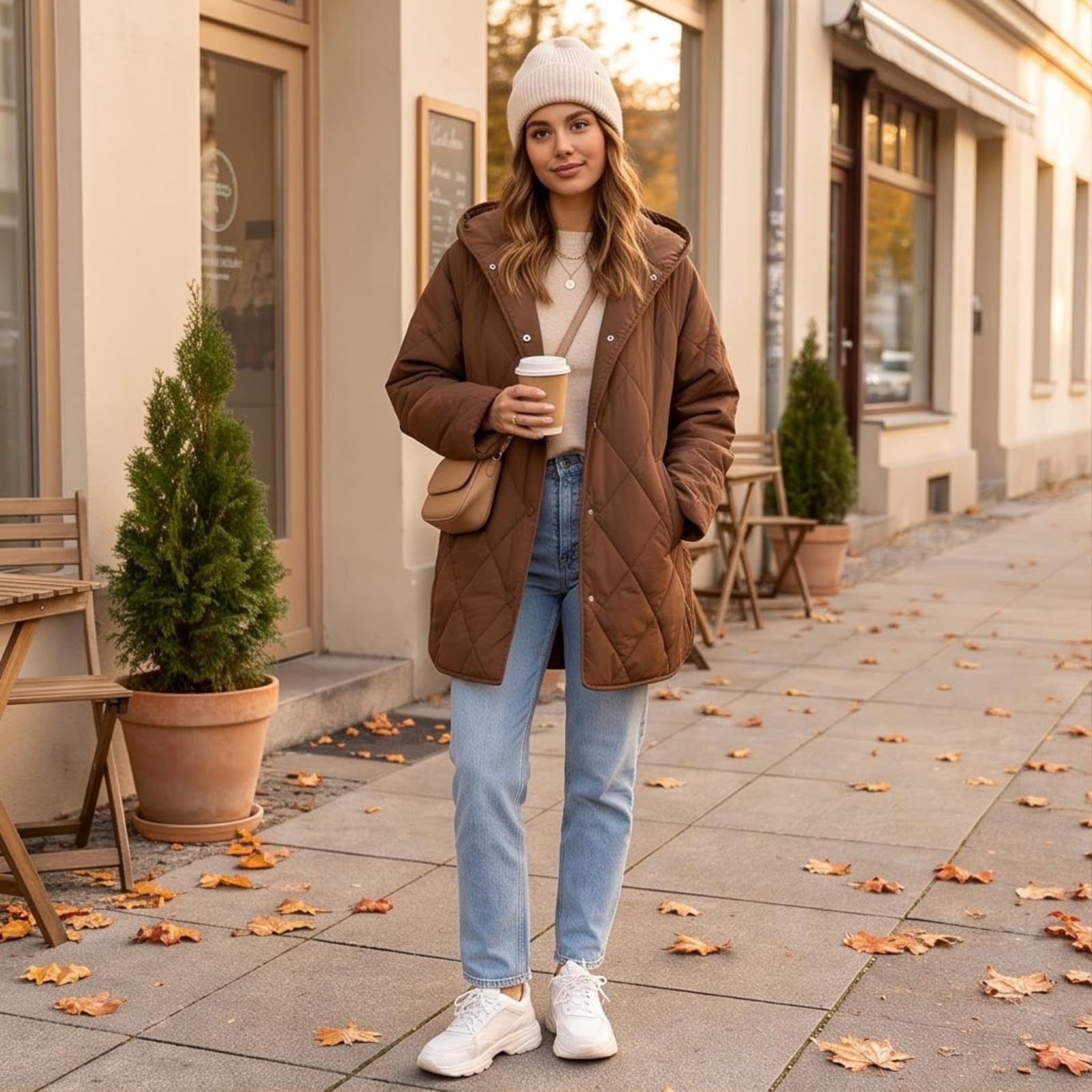 Generisch Damen Steppjacke mit Kapuze Lang Winterjacke Warm Übergangsjacke