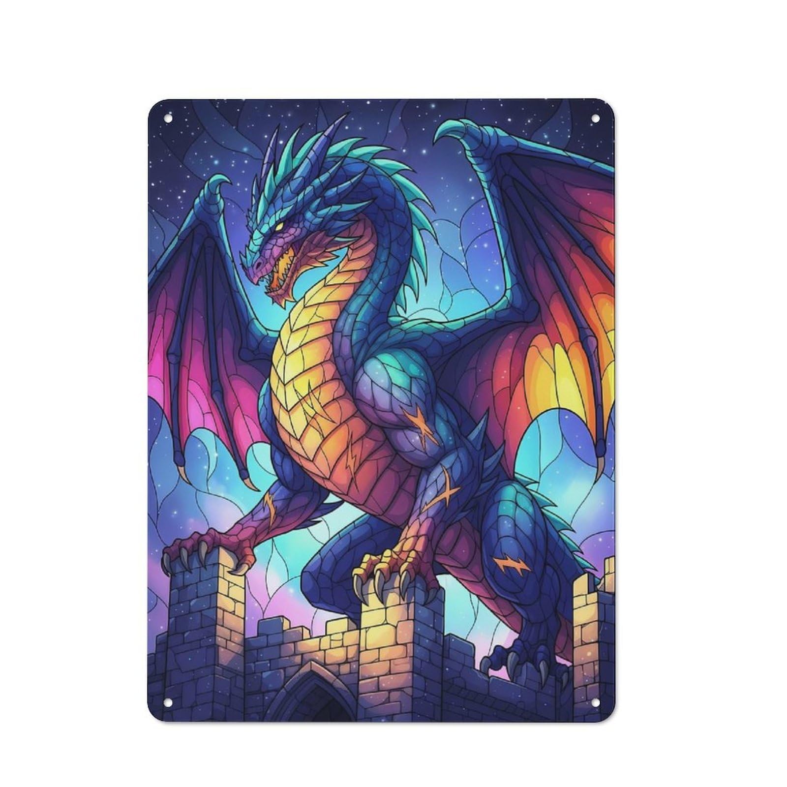 Junmoney Dragon On Castle At Night Rustic Metal Sign 40X30cm For Café Or Home Bar, Suited To Home Bar Enthusiasts, For Retro Home Interiors