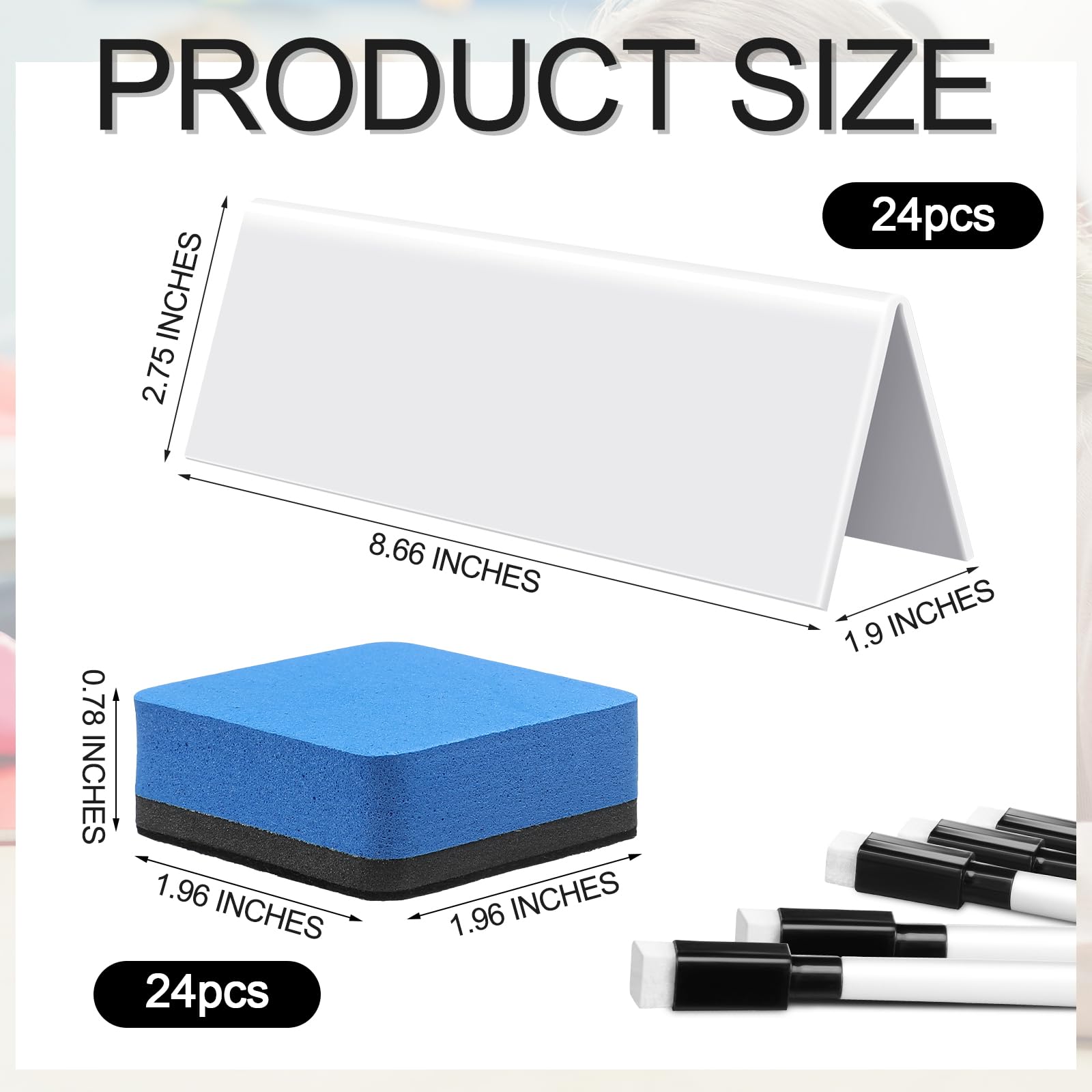 Seajan 24 Sets Reusable Name Tent Cards with Black Dry Erase Markers and Eraser Dry Erase Name Tents for Meetings White Name Plate for Weddings Classroom Office, 8.66 x 1.97 x