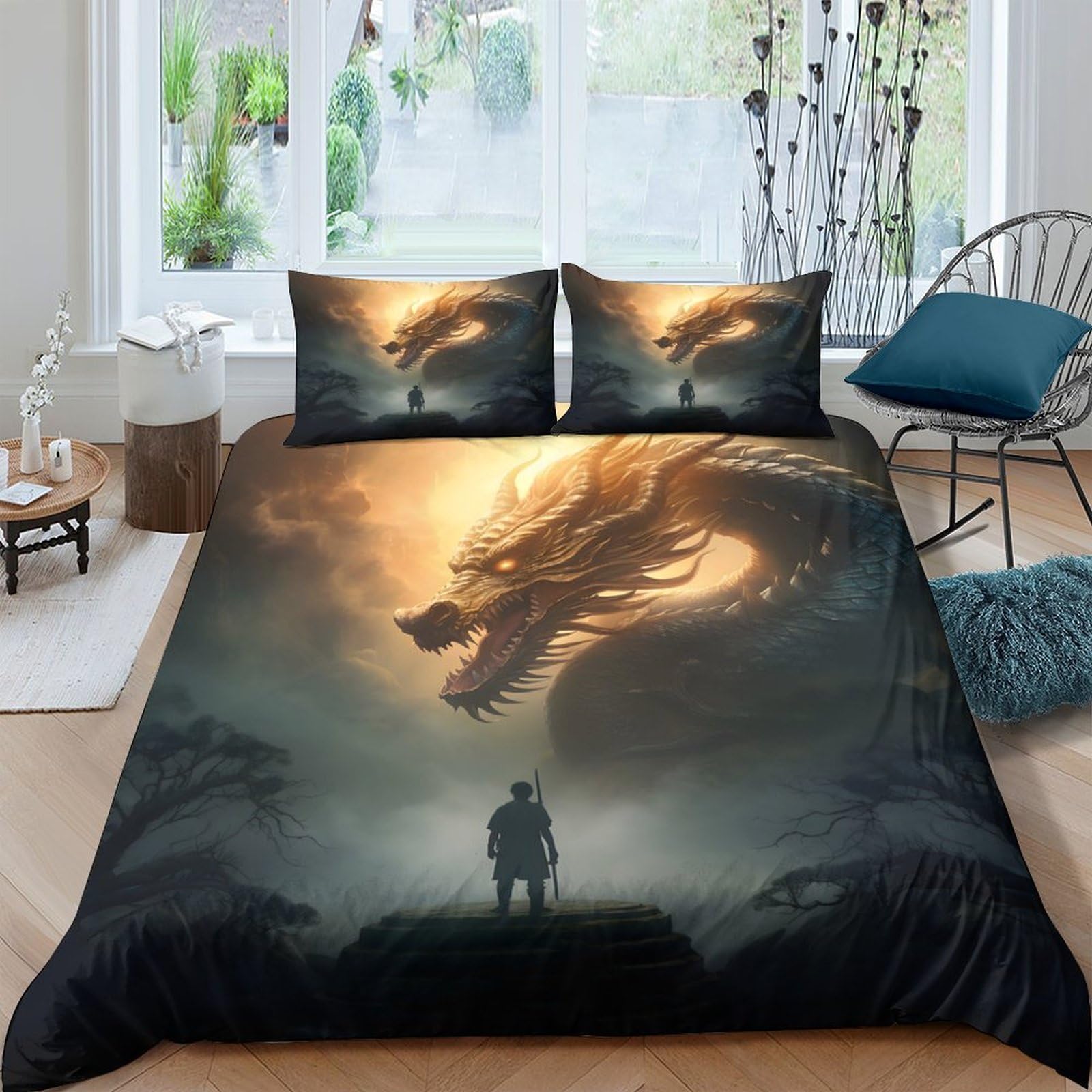 GPLZQXKJNH 3D Printed Dragon Fantasy Duvet Cover Microfiber Soft Breathable Dark Night Bedding Set with 2 Pillowcases for Bedroom Decor Single（135x200cm）