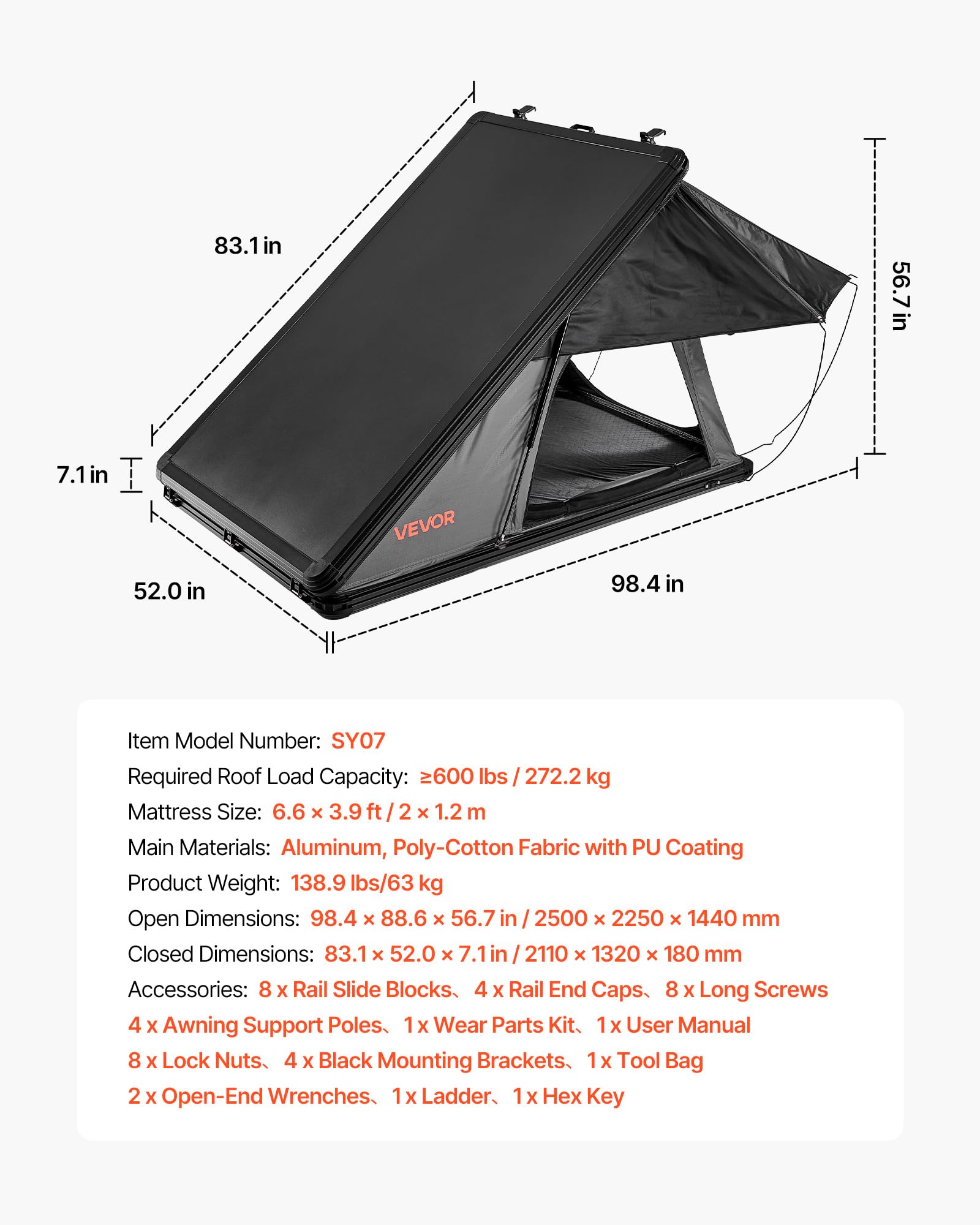 VEVOR Tenda da Tetto Rigida da Auto Capienza ca. 2-3 Persone, Tenda Sopra Auto Telaio in Alluminio con Illuminazione LED Tricolore Materasso 2x1,2 m, Impermeabile Antivento per Jeep SUP Pick-Up