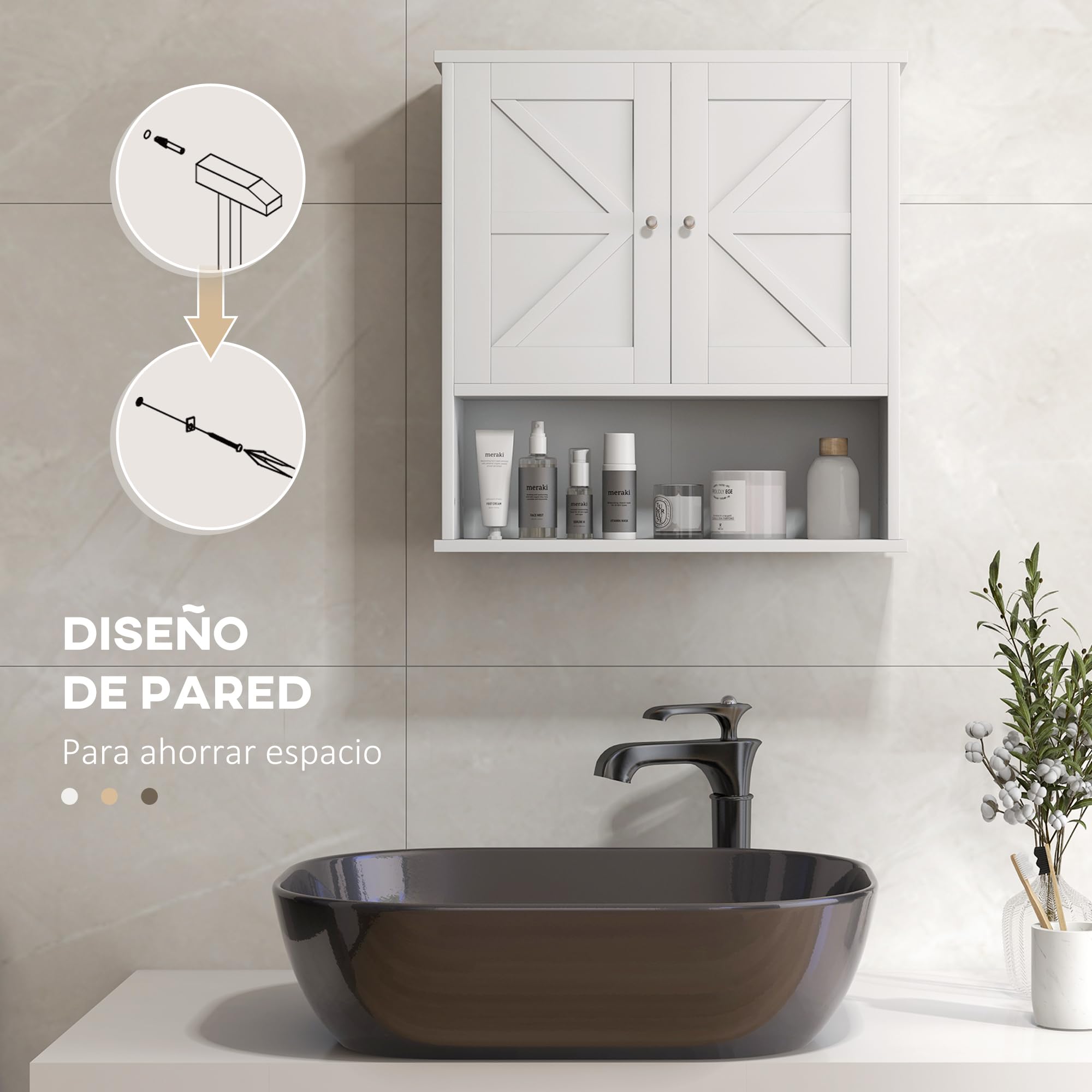 kleankin Armario de Baño de Pared, Mueble de Baño Colgar Rústico con Compartimento, Estante Ajustable, 2 Puertas, para Cocina, Lavadero, sobre el Inodoro, Blanco