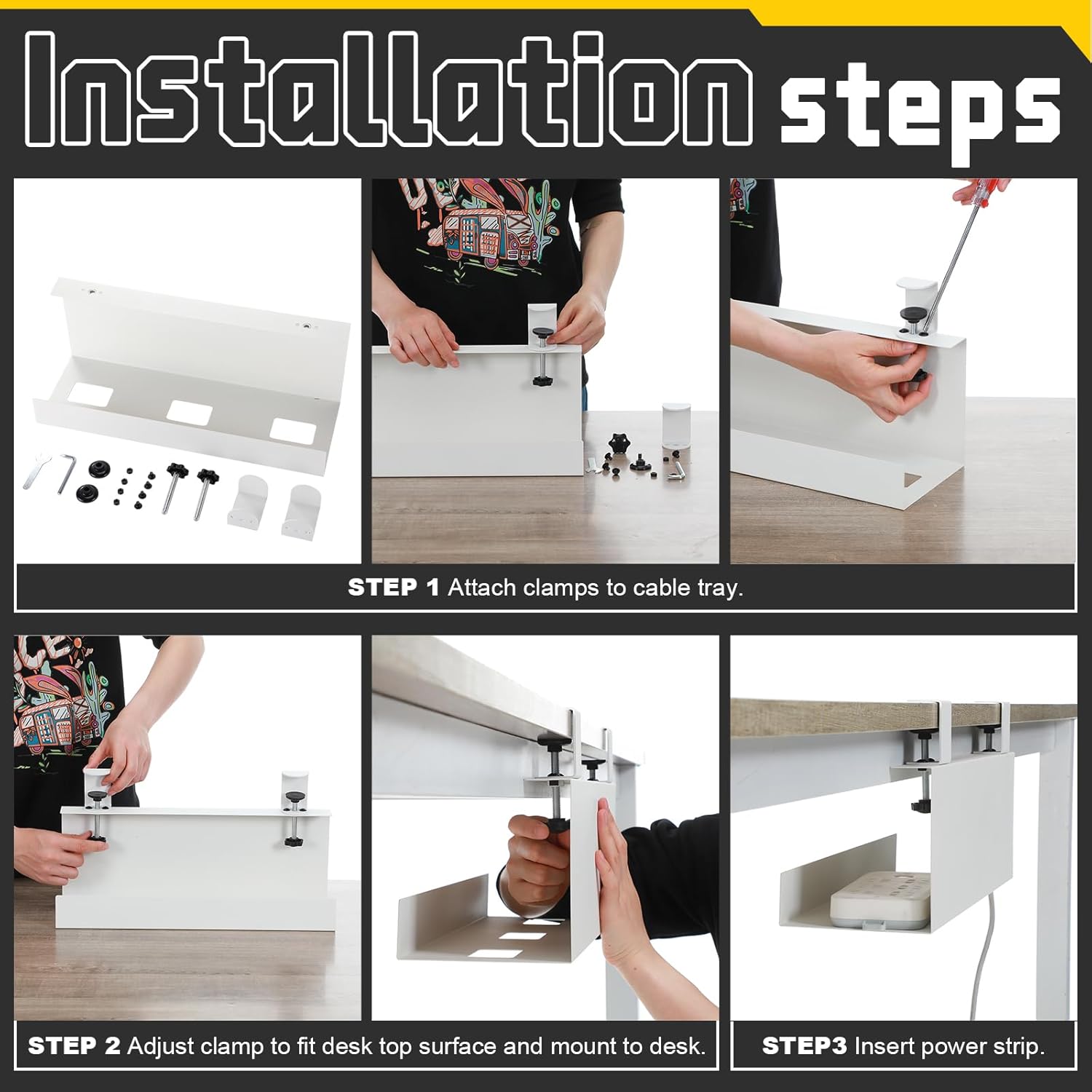 16×6×6 Inch No Drill Clamp-on Power Strip Cable Management Tray Under Standing Desk Steel Cable Organizer Wire Cord Tamer for Office, Home, Garage(White)
