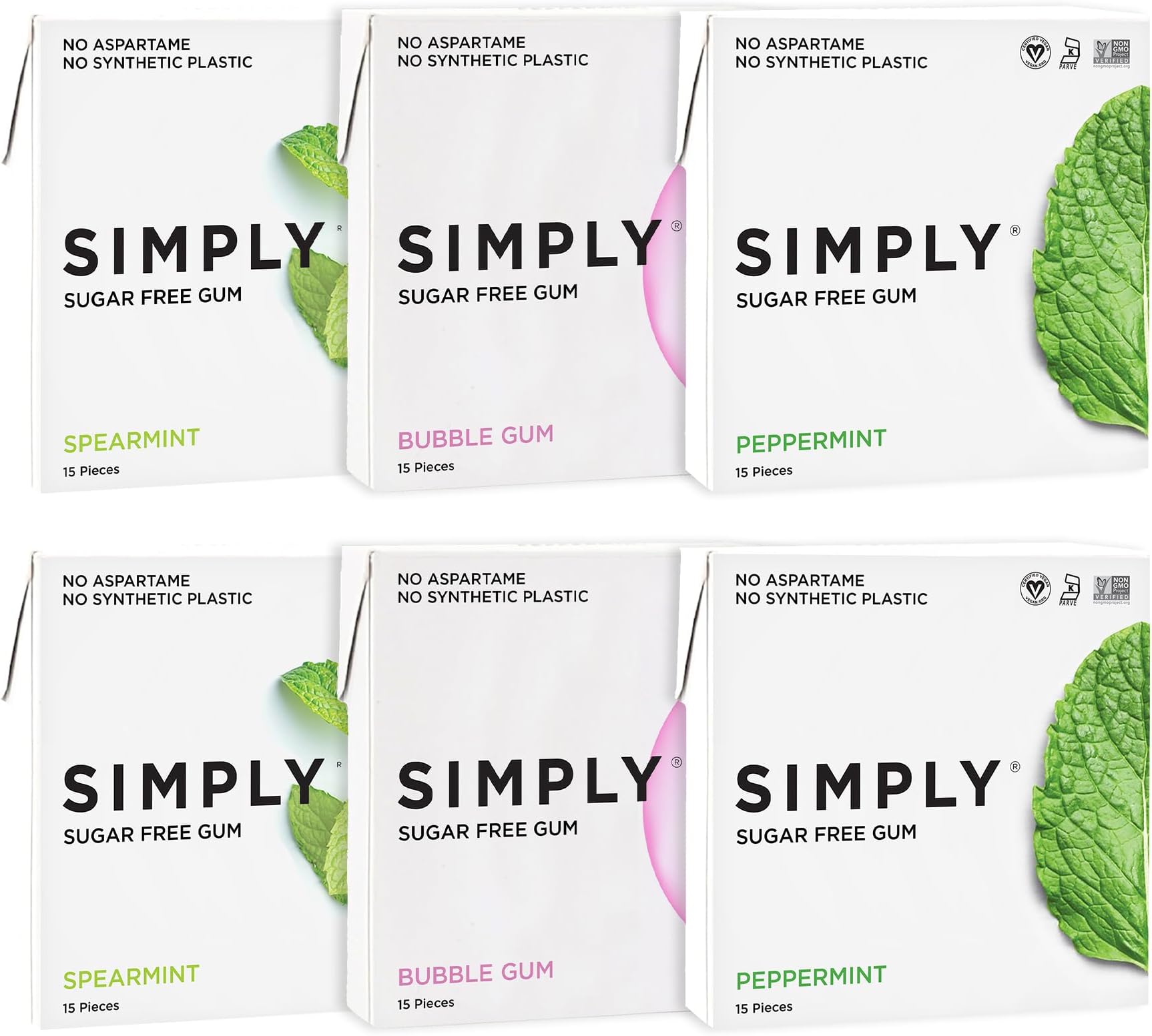 SIMPLY Gum | Dental Gum | Xylitol Chewing Gum- Sugar Free | Variety Pack- Bubblegum, Peppermint, Spearmint | Pack of Six (90 Pieces Total) | Synthetic Plastic Free + Sugar Free + Aspartame Free