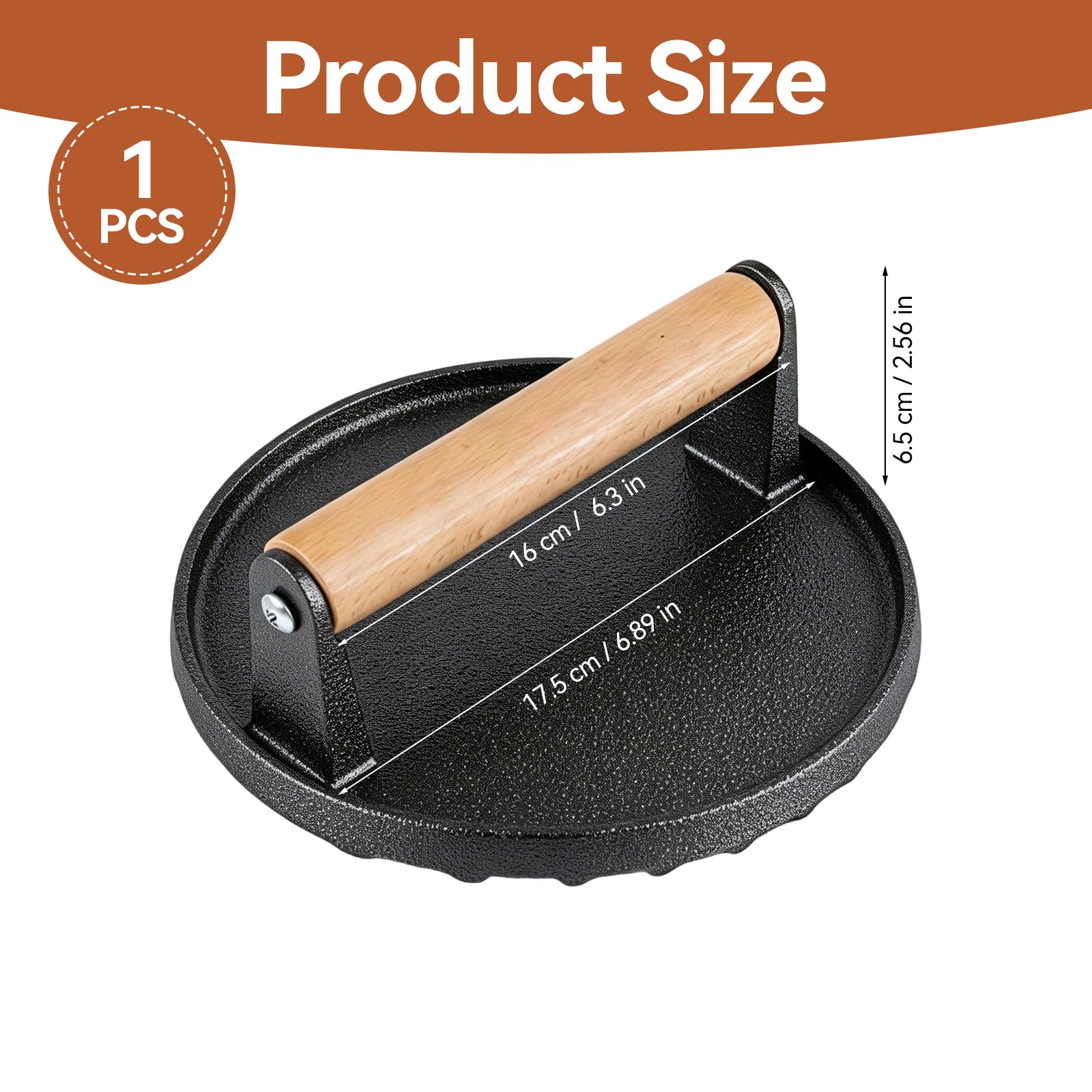 DGN Burger Smasher Gusseisen Rund Ø15,2cm mit Holzgriff | Smash Burgerpresse, Schwergewicht, Für Steaks, Burger, Fleisch, Speck, Sandwiches, Würstchen