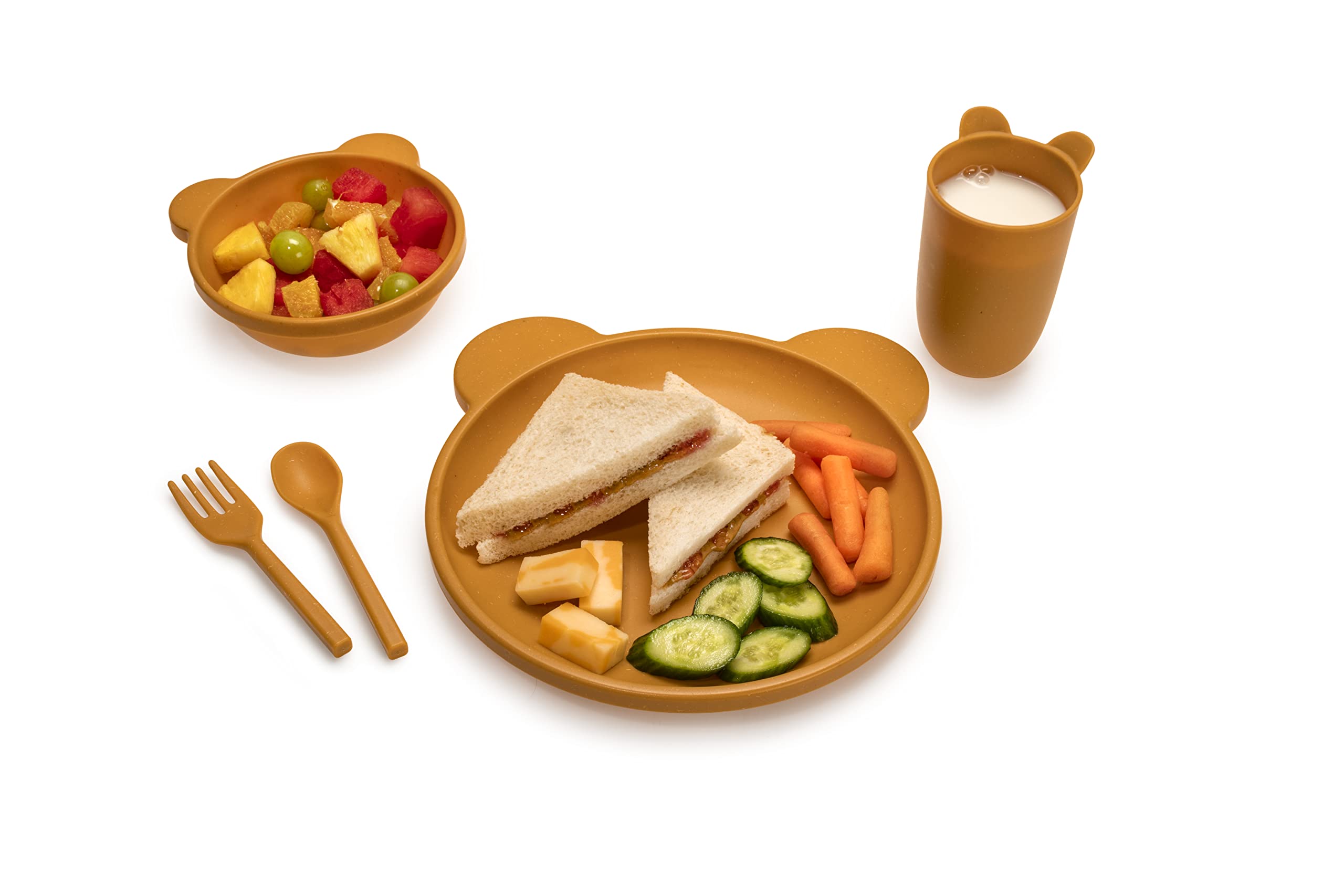 5 Piece Cellulose Feeding Meal Set, Plate, Bowl, Cup, Spoon & Fork – Eco-Friendly, Dishwasher & Microwave Safe (Bear)