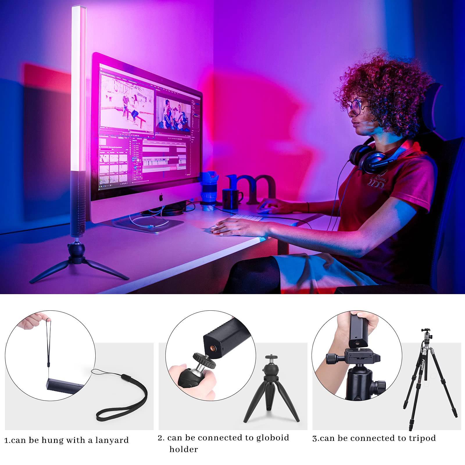 BNEHHOV Luce Video RGB, 138 LED Portatile Luce Selfie per Telefono Ricaricabile, 360° a Colori CRI 95+ 2700-6500K Illuminazione Fotografica con 24 Modalità Scena per Fotocamera, YouTube, TikTok