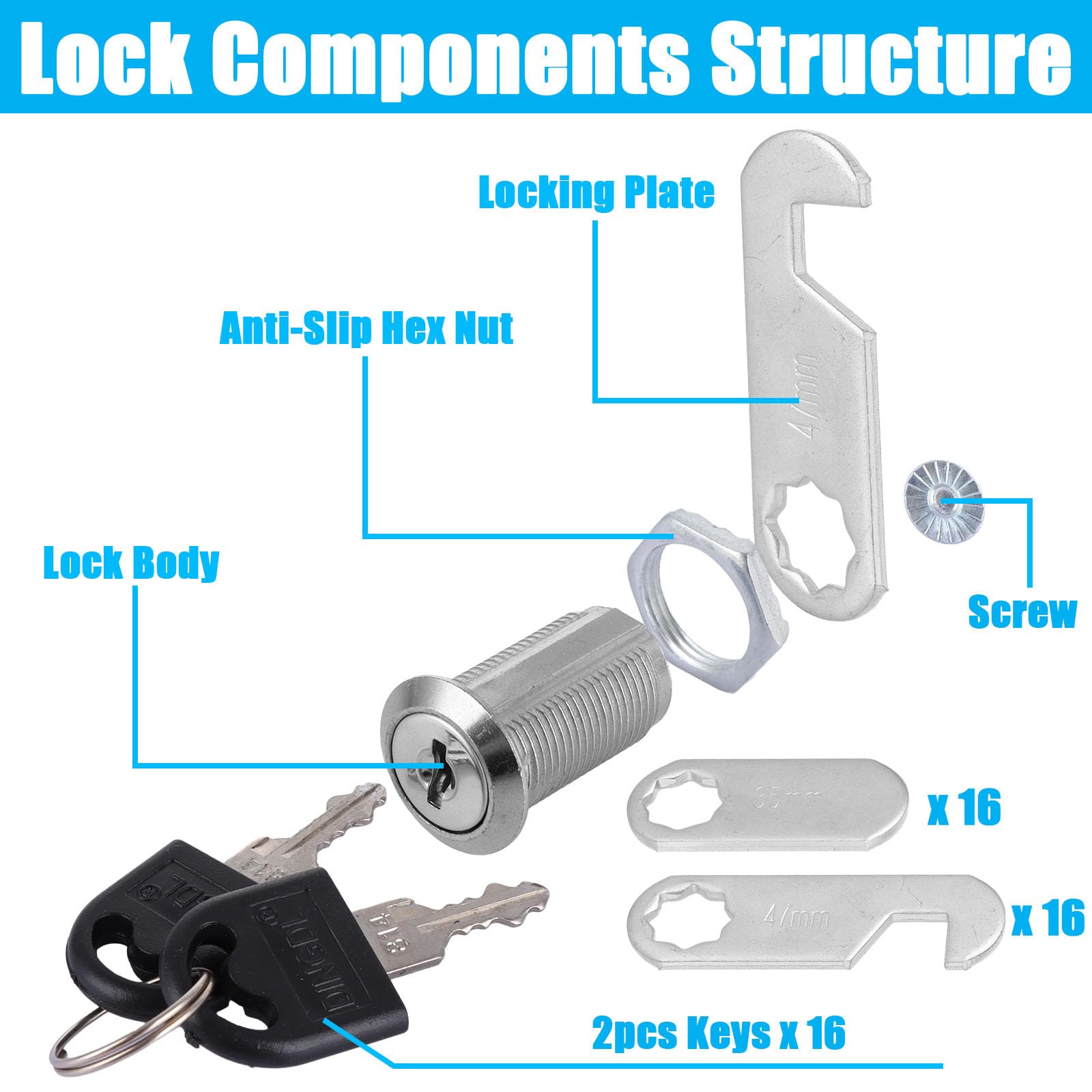MUXHEL 16PCS Cabinet Lock 30mm Letter Box Lock Security Cam Lock with 32 Keys & 2 Different Lock Plates Security Mailbox Lock for Door Cabinet Mailbox Drawer Wardrobe Locker Post Box Lock - Image 3