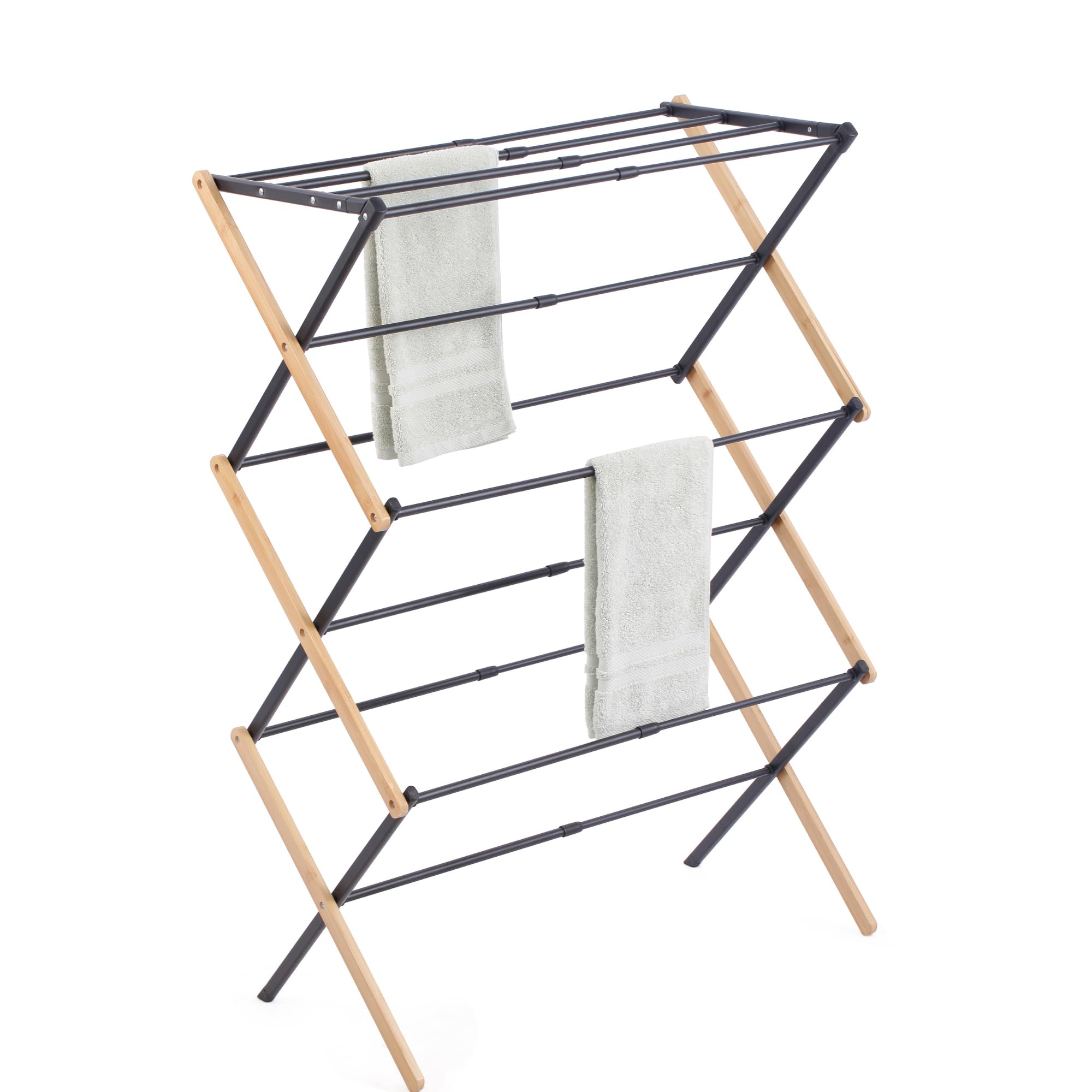 PAMEX Tendedero Plegable Extensible de Madera bambú Totalmente montado con Gran Superficie de Secado tendedero de Madera Resistente, Plegable de Tipo Torre Que Ahorra Espacio