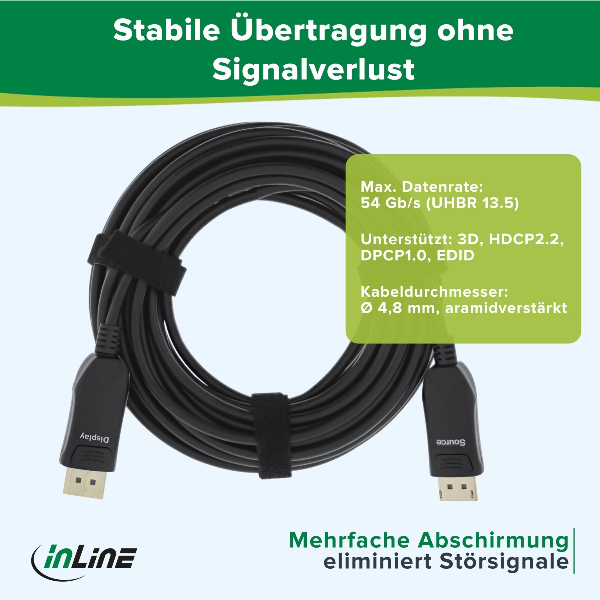 InLine Cavo DisplayPort 2.1 AOC, attivo, UHBR 13.5, 10K/8K/4K, trasmissione senza perdite, con connettori metallici, 10 m, nero, 17210 A