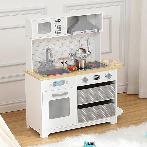 Miniatura 3 de Cocina de juego de madera para niños diseño innovador de esquina, sonidos de cocina realistas, accesorios completos, amplio espacio de