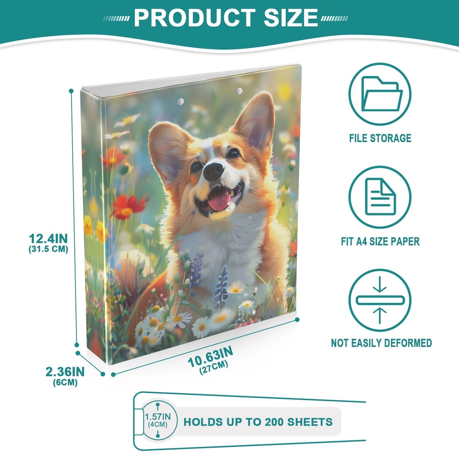 Happy Corgi in Spring Field - Raccoglitore a 3 anelli, 3,8 cm, contiene 200 fogli con 3 tasche interne in PVC trasparente, per scuola e ufficio