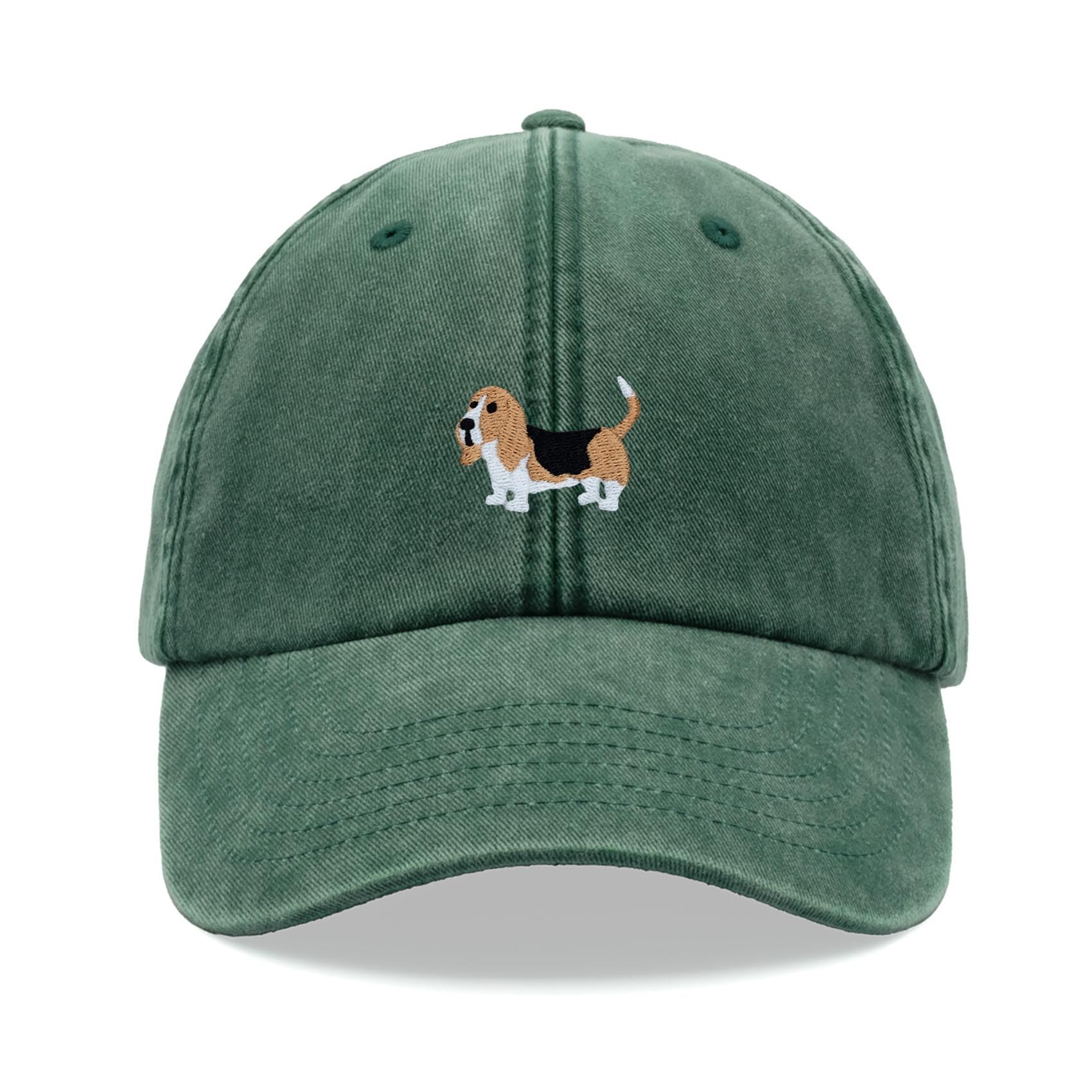 Basset Hound Dog Baseball Cap Vintage Washed Unisex Dad Hat Adjustable Bottle Green