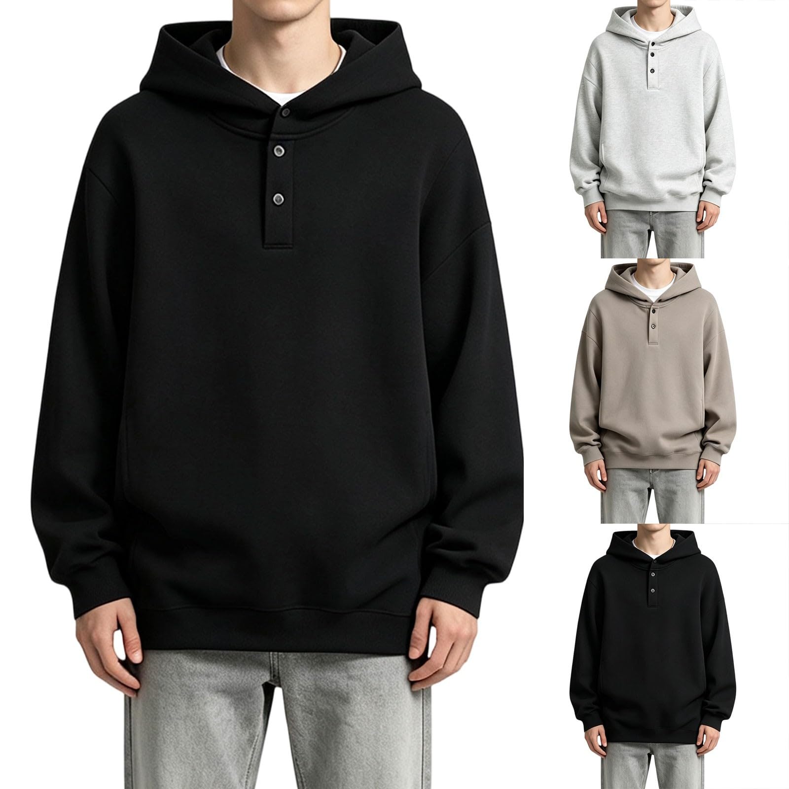 Sudadera para hombre con cuello Henley con capucha y medio botón