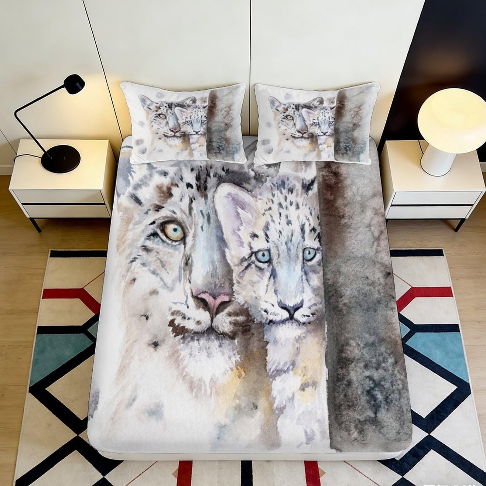 3D Printed Snow Leopard Fitted Sheet Microfiber Deep Pocket Elastic Hem Bedroom Bedding for Adults Teens Snow Leopard Mattress Fitted Cover Washable 160x200x25cm