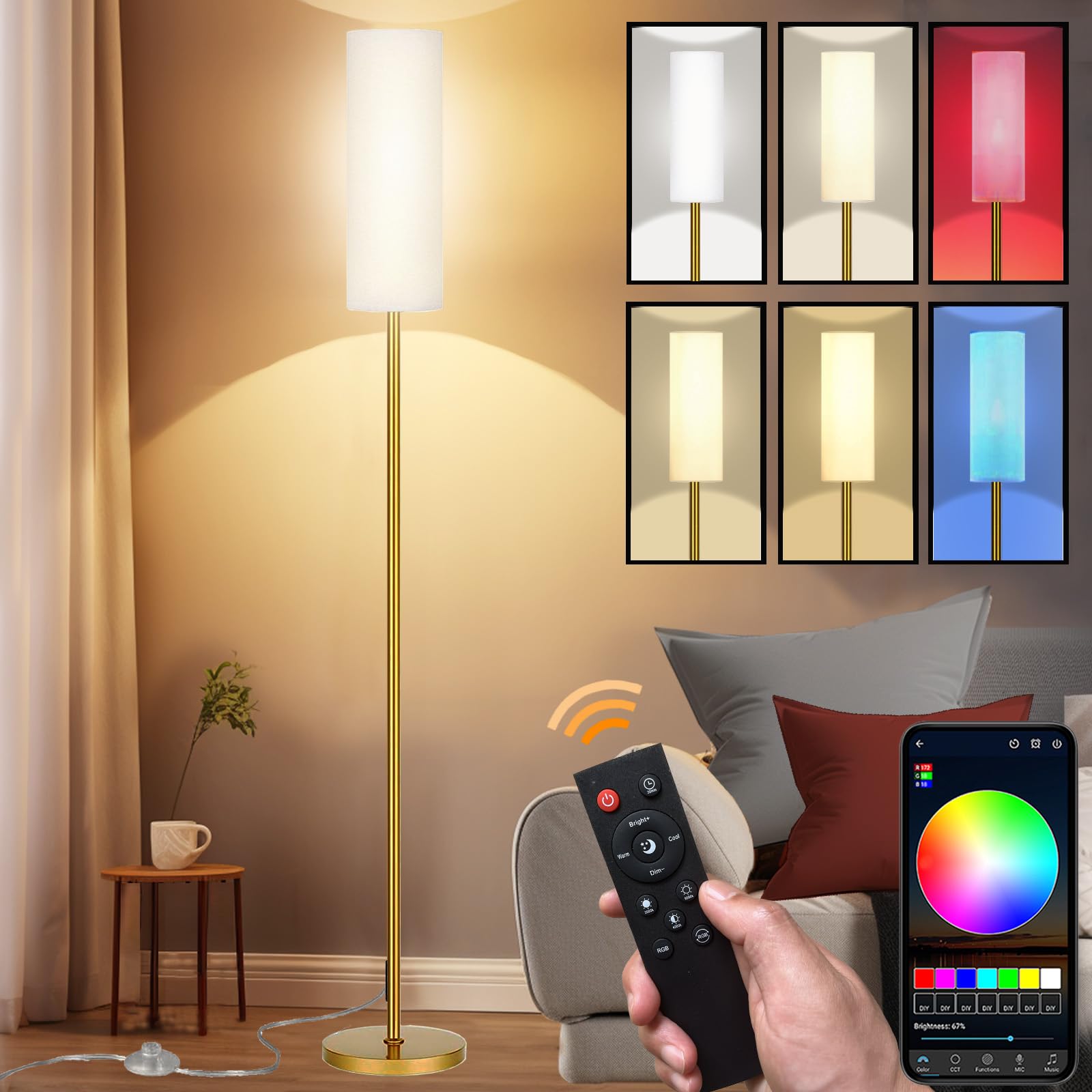 Smart LED Floor Lamp with APP Control & RGB Colors - Dimmable Standing Lamp for Living Room, Bedroom, Gaming - Remote, Timer, 9W Bulb Included, 67" Modern Tall Lamp (Gold)