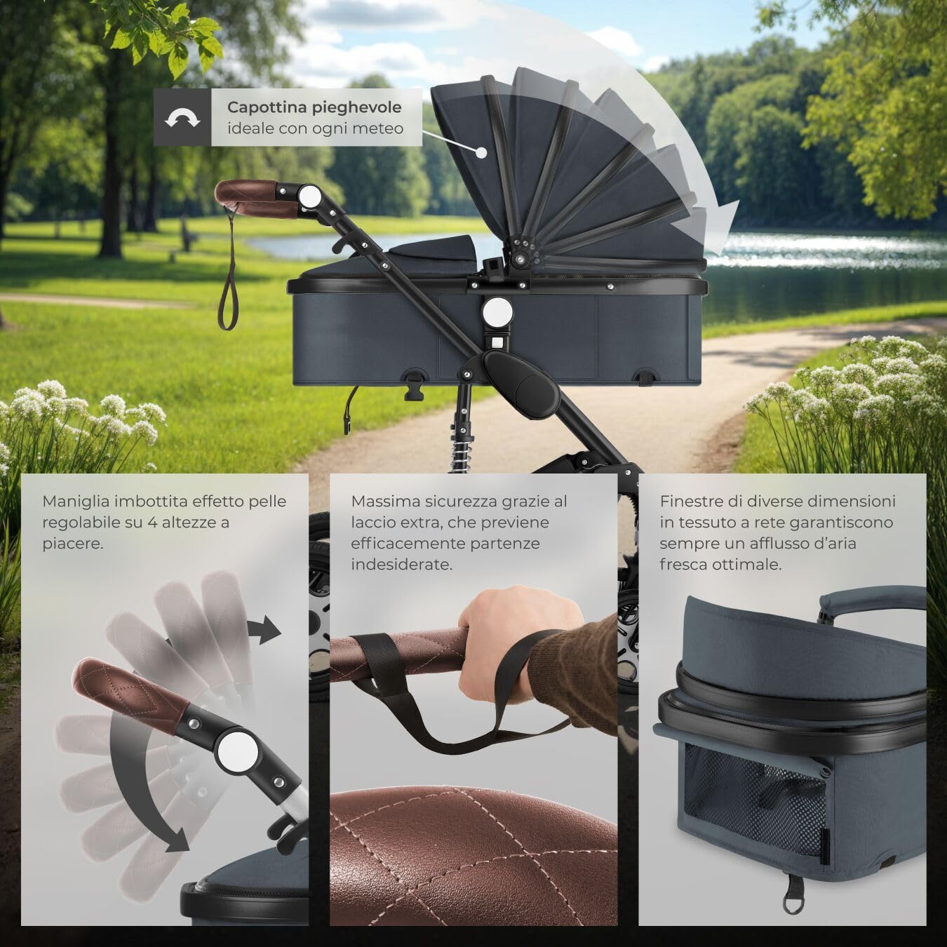 tectake® Passeggino Combinato Pieghevole 2 in 1 Leggero con Cintura a 5 Punti e Freno a Pedale Antracite