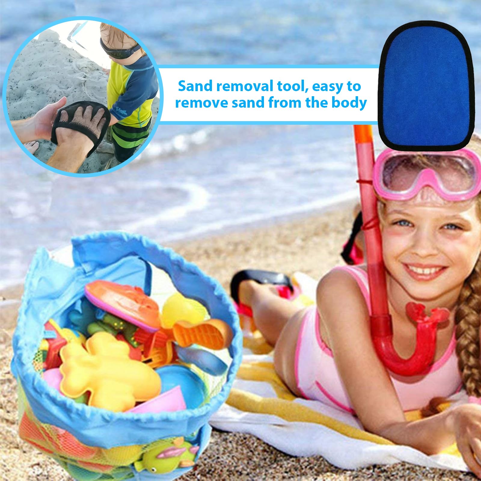 Bolsa de Juguetes Playa de Malla 48 * 24cm Bolsa Plegable de Malla de Playa Azul Incluye 1 Guante Bolsas de Juguetes Plegable Portátil Reutilizable para Niños Guardar Concha