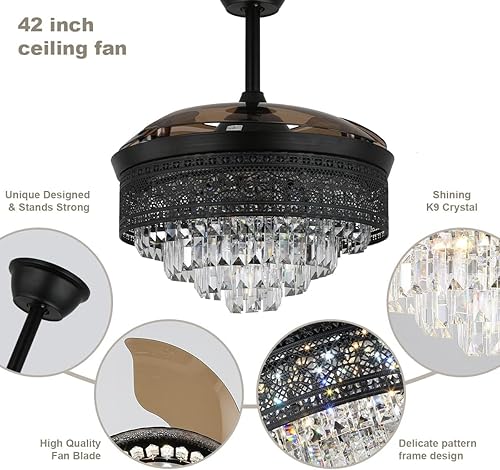 Miniatura 7 de Jenvkoil Ventilador de araña de cristal de 42 pulgadas, lámpara regulable, moderna, color negro, con luces y control remoto para dormitorio,