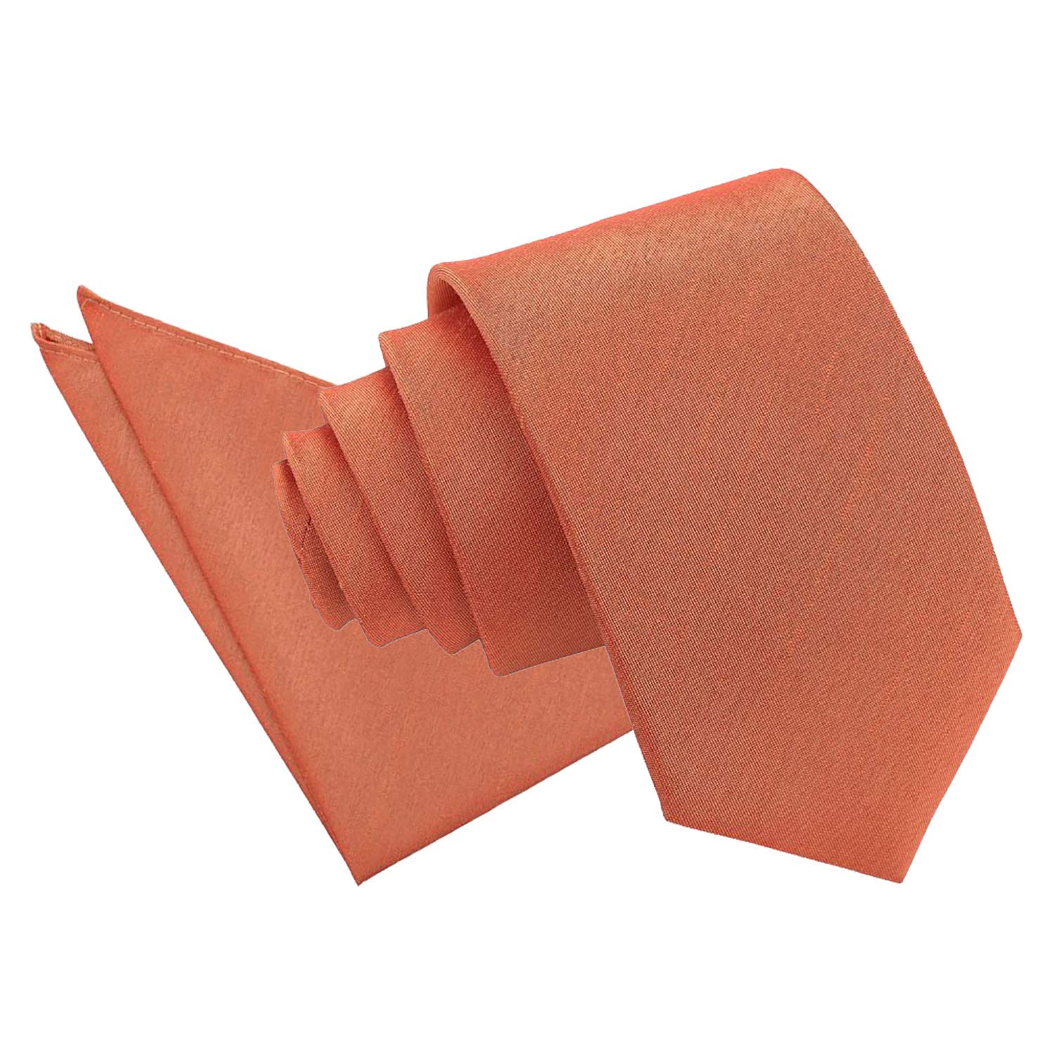 DQT Mens Plain Shantung 7cm Slim Tie & Pocket Square Set – Wedding Business Formal Necktie - Copper