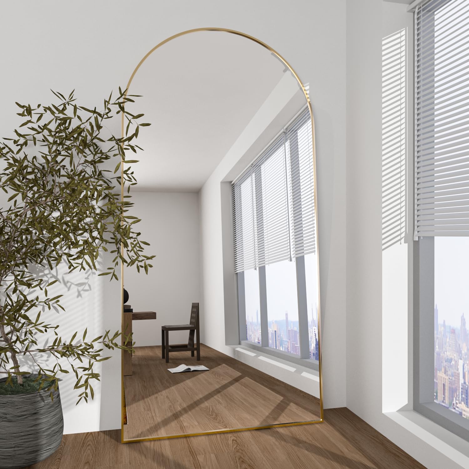 Lustro o pełnej długości 193 x 86 cm Zakrzywione złote lustro podłogowe ze stojakiem Wiszące lub opierające się o ścianę do wejścia do sypialni, salonu