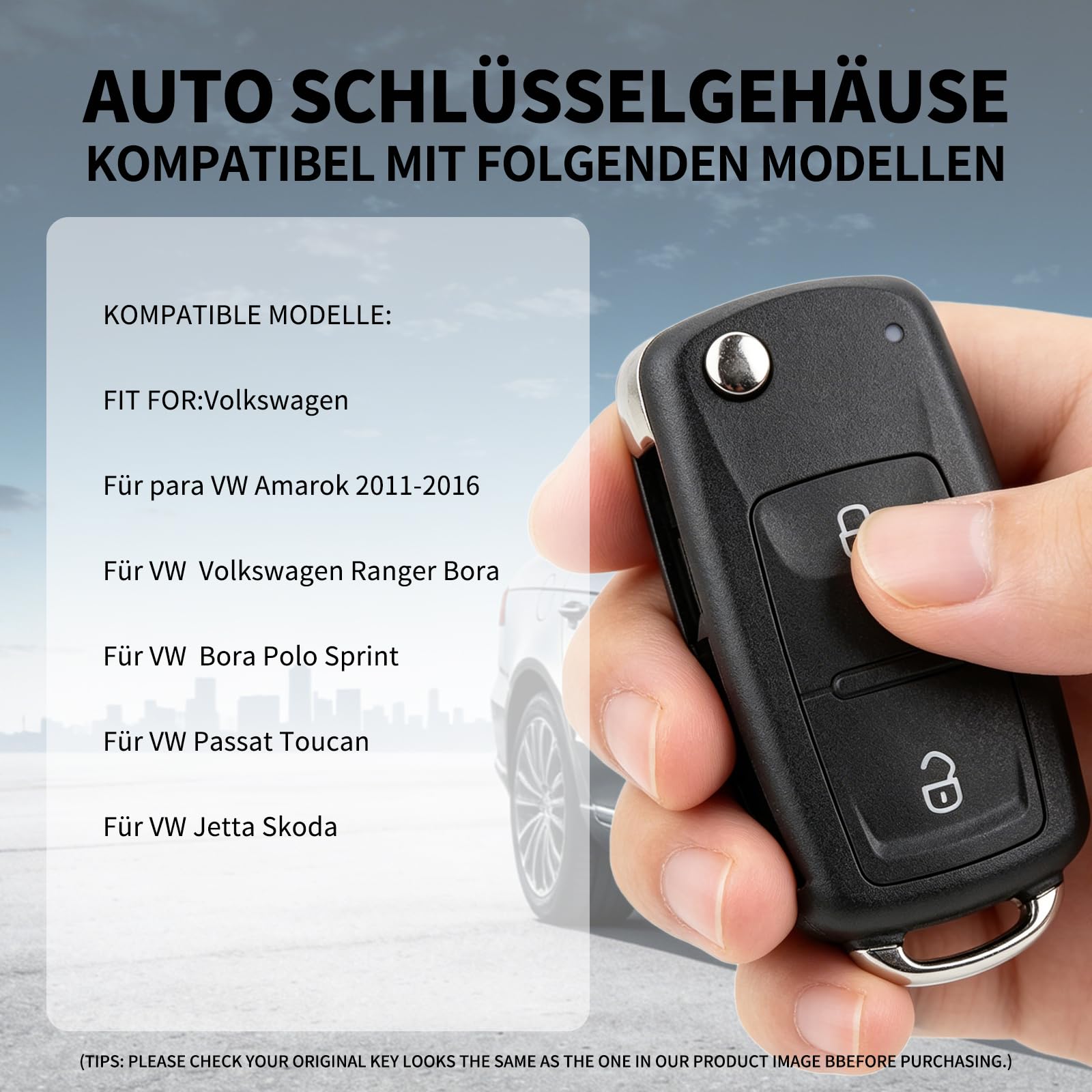 Funkschlüssel kompatibel mit VW Transporter Amarok Polo Golf, 433 MHz, 2 Tasten, 5K0837202AD, mit Batterie und Werkzeug