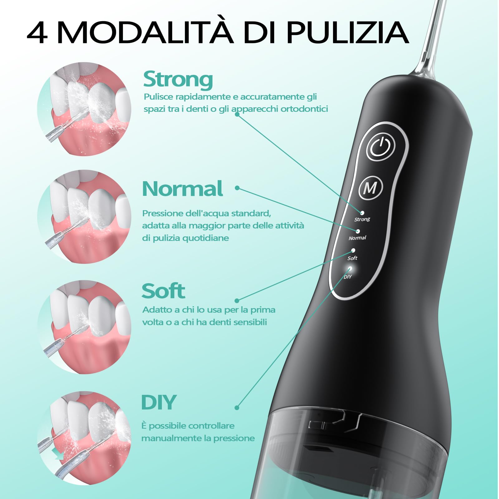 Idropulsore Dentale Portatil, Irrigatore Orale Senza Fili 4 Modalità e 5 Ugelli Ricambio, Water Flosser per Pulizia Giornaliera e Pulizia Profonda, Water Flosser Adatto per Viaggi e Uso Domestico