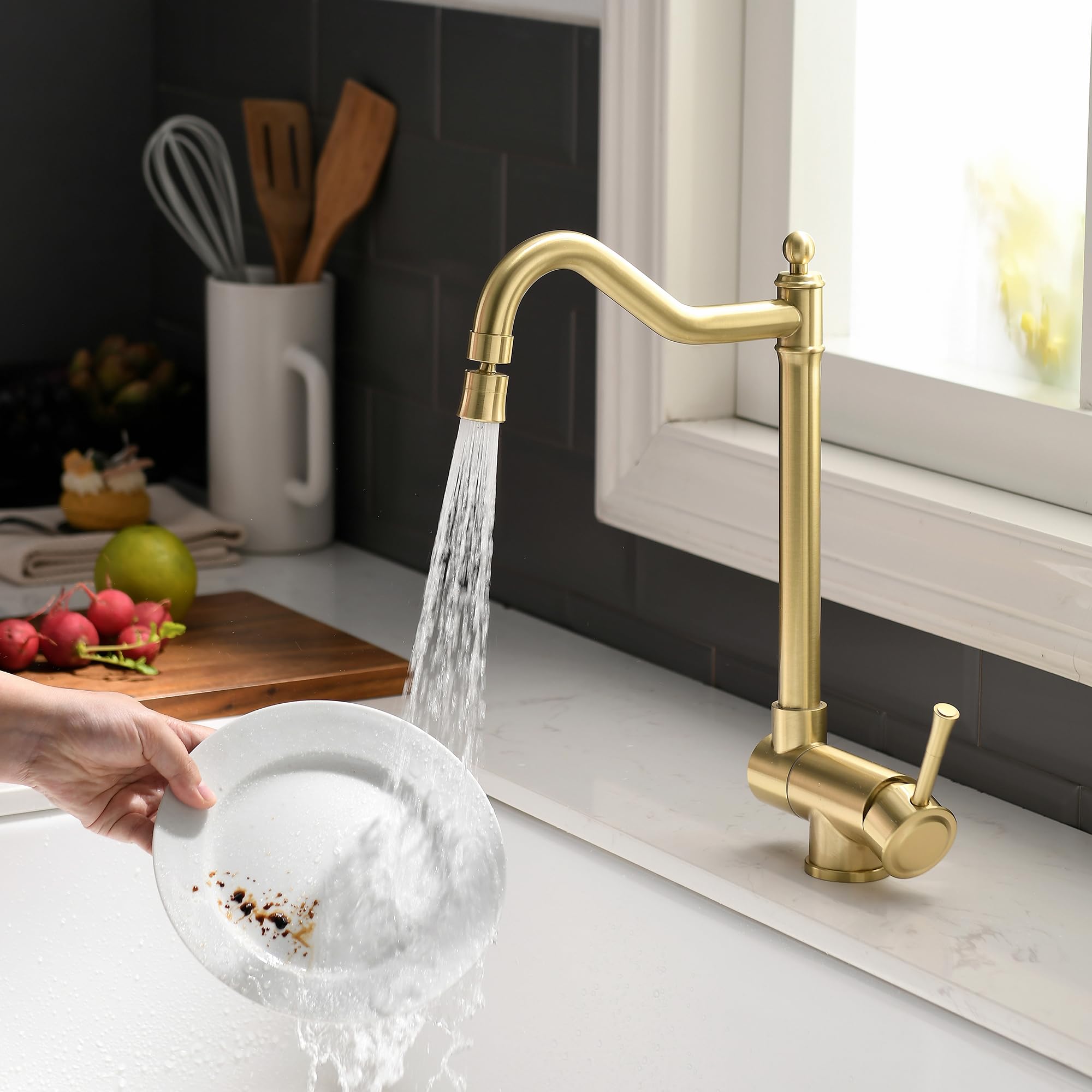 Grifo Cocina Abatible oro cepillado, Grifo Abatible Cocina 2 Modos De Descarga De Agua,Grifo De Fregadero Plegable, Grifo Monomando Bajo Ventana De Acero Inoxidable 304 oro cepillado