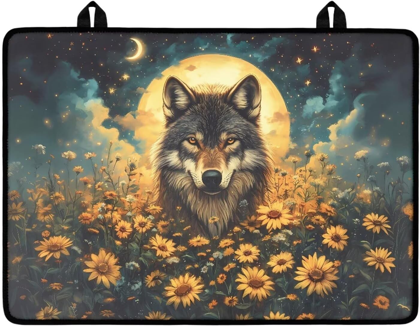 Wolf Sunflower Moon Star Pattern Cooktop Cover Multi-purpose Stove Top Cover Flat RV Range Stovetop Protector Universal Dish Drying Mat with Hanging Loops for Kitchen Decoration