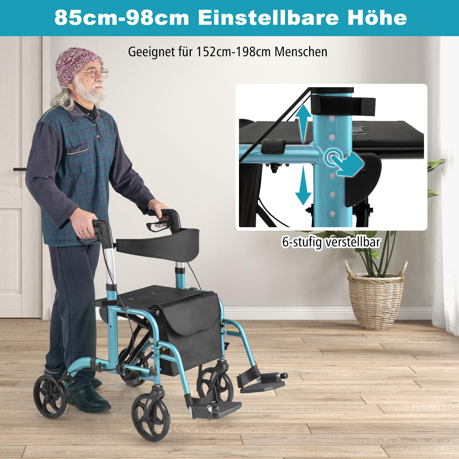 COSTWAY Rollator faltbar und leicht mit Sitz, 2 in 1 Rollstuhl & Reiserollator Leichtgewicht, Gehhilfe 6-fach höhenverstellbar, Gehwagen mit Tasche & Bremsen & Stockhalter, Aluminium (blau)