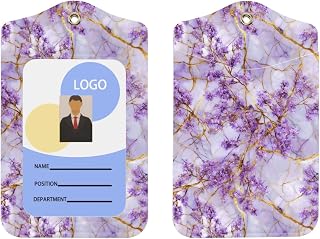 Leather Id Badge Holder Marble Texture Lavender Flowers Gold Leaf Card Case Protective with Lanyards for Work and Office