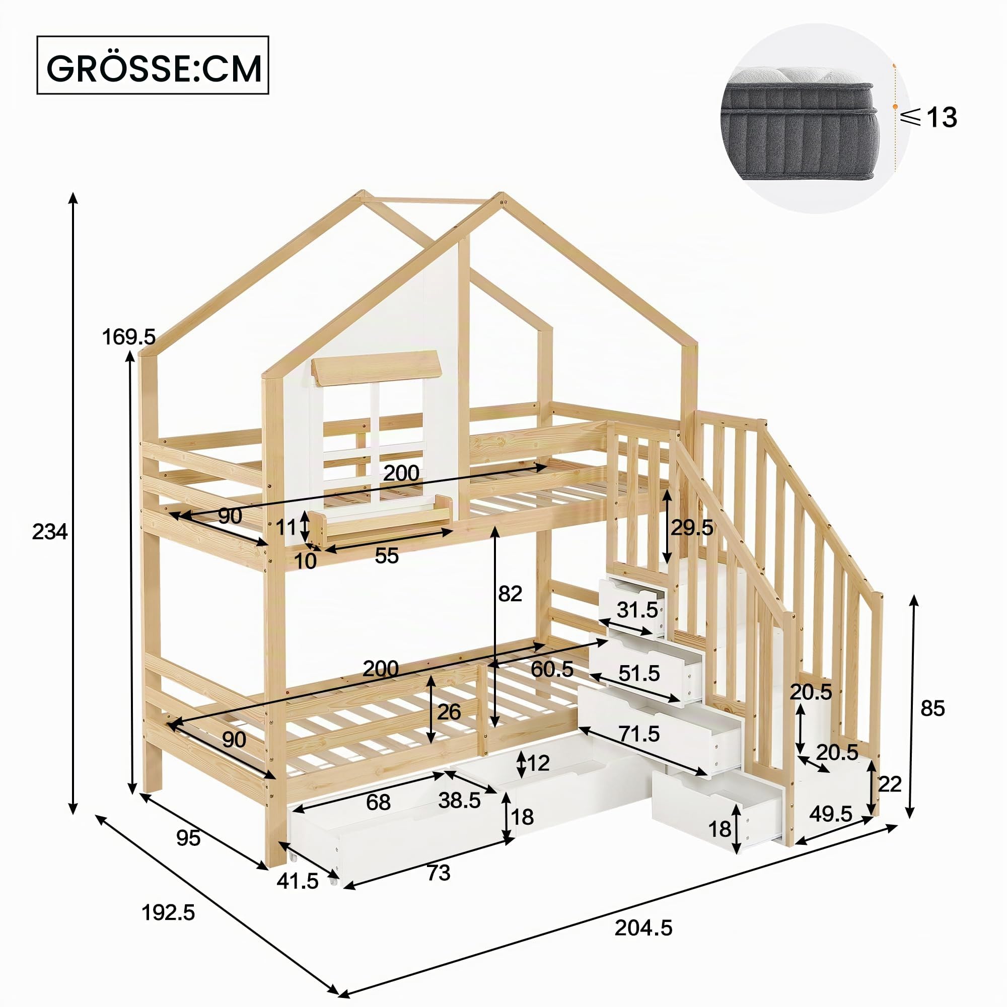 Etagenbett Kinderbett 90x200 cm, Hochbett mit Stauraum Treppe & Mehrere Schubladen, Holzbett Jugendbett mit Fenster, Handläufen Sicherheitsleiter & Rausfallschutz, Weiß+Natur, ohne Matratze