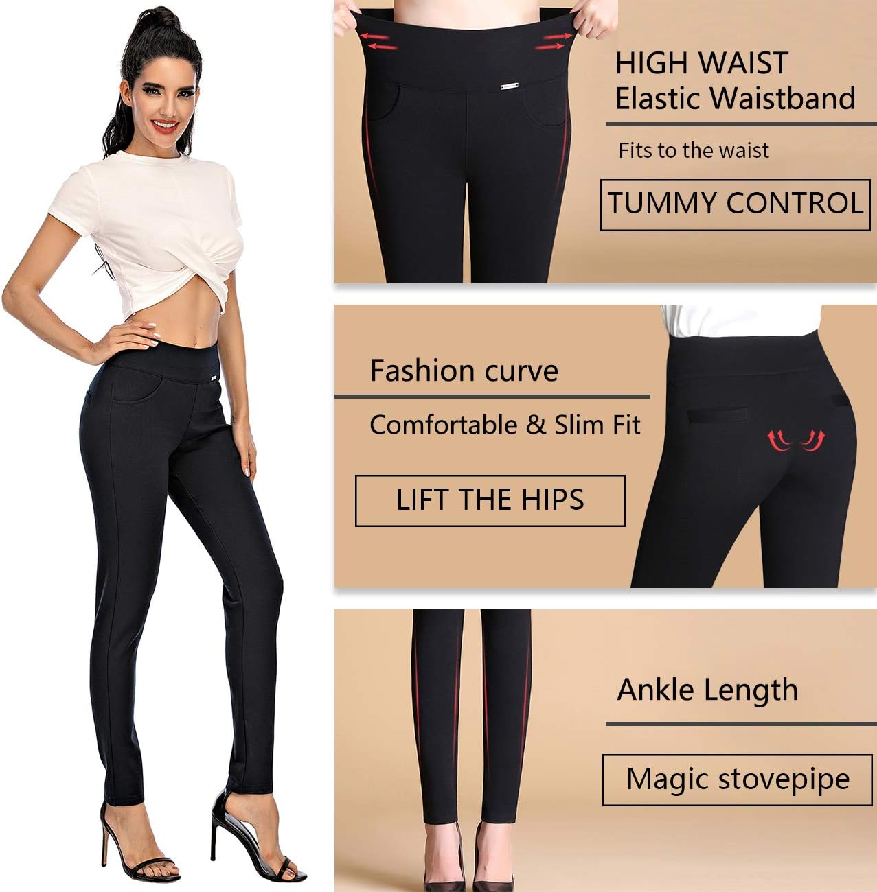 neezeelee Dress Pants for Women Comfort Stretch Slim Fit Leg Skinny High Waist Pull on Pants with Pockets for Work (Gray, 2 Long) - Image 5