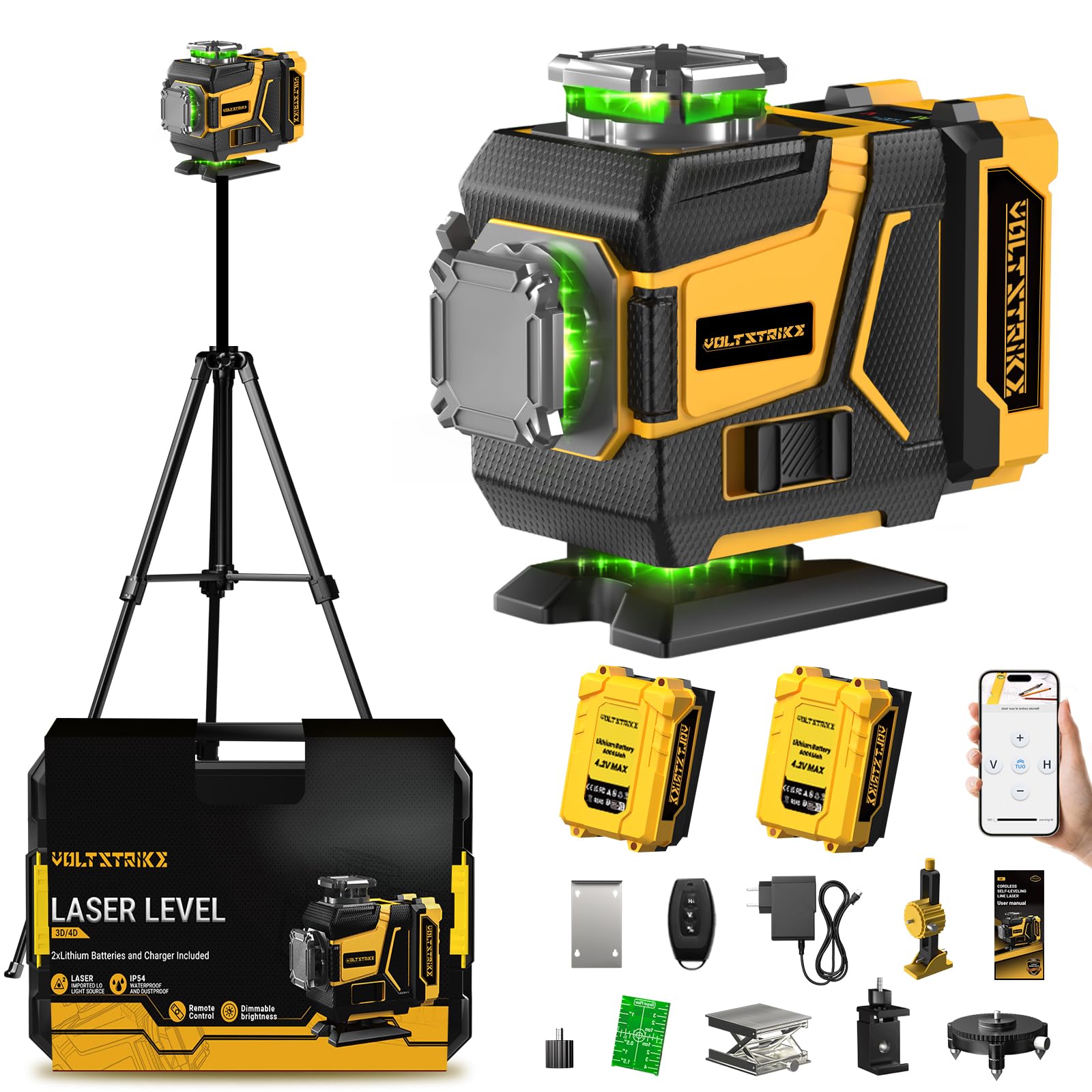 VOLTSTRIKE - Laser a linee incrociate con treppiede, 16 linee, laser a croce 4 x 360°, con 2 batterie al litio da 6,0 Ah per appendere immagini, ristrutturazione domestica e lavori esterni