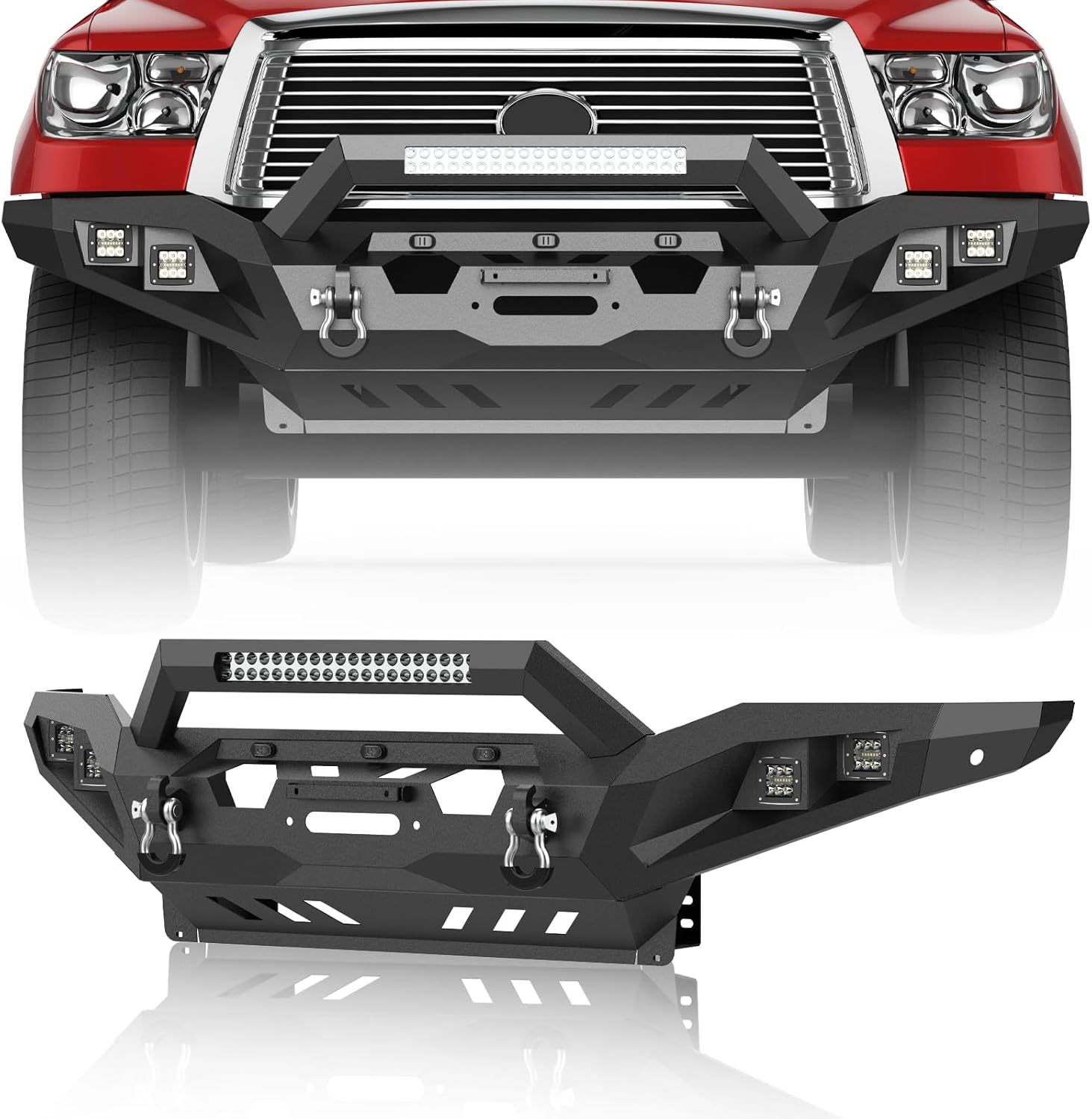 Front Bumper Compatible with 2007-2013 Toyota Tundra Pickup Truck, Full Width Off-Road Rock Crawler Bumper with Winch Plate & 1x 144W LED Light Bar & 4 x 39W LED Lights & Sensor Holes & 2 x D-Rings
