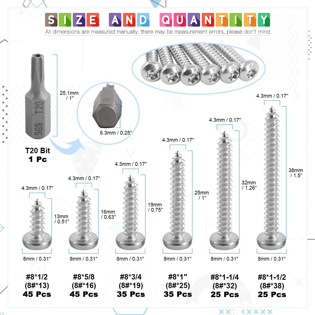 Glarks 211Pcs #8 x 1/2'' / 5/8'' / 3/4'' / 1" / 1-1/4'' / 1-1/2'' Button Head Torx Security Sheet Metal Screws Assortment Set, 6 Size Stainless Steel Tamper Resistant Screws with T20 Bit - Image 2