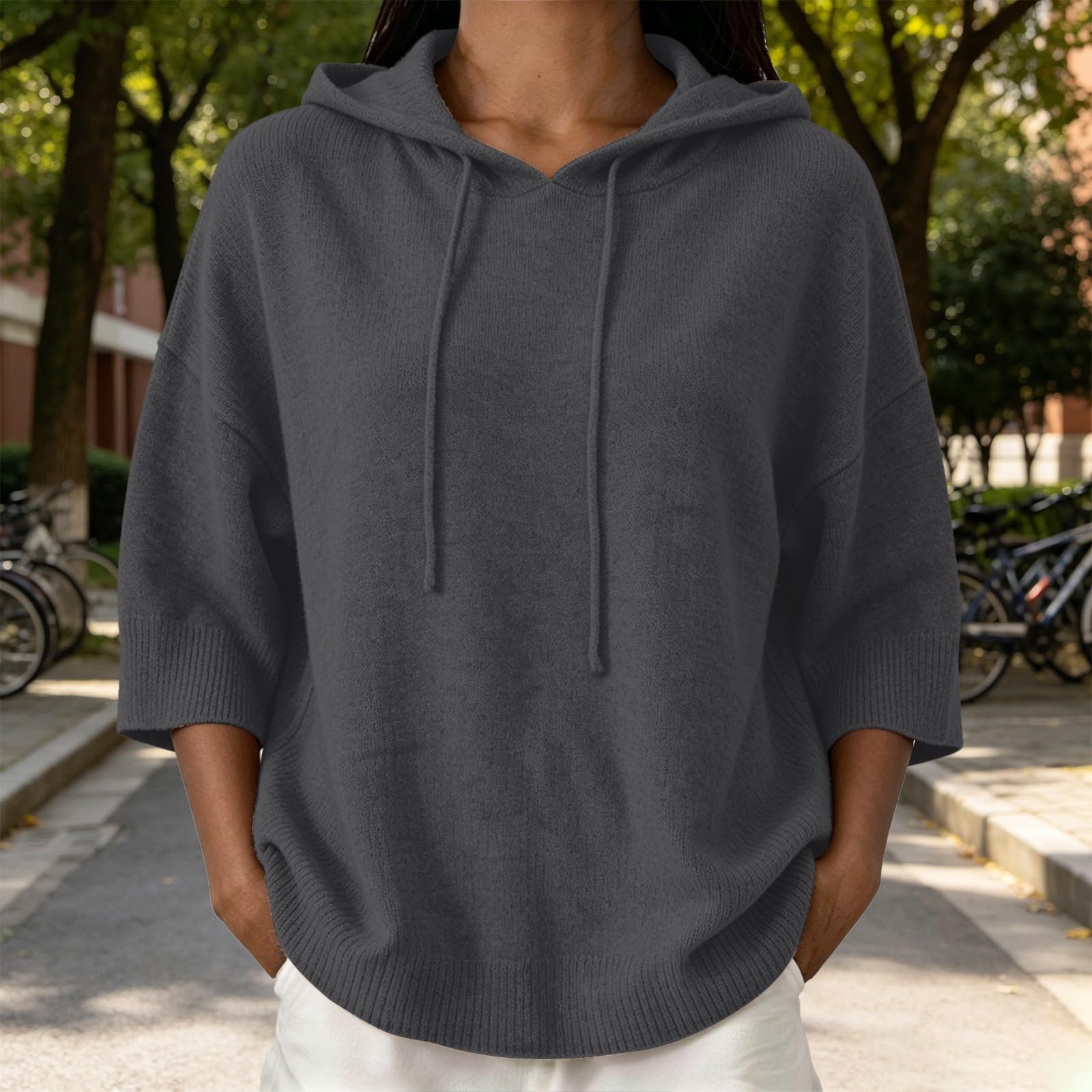 Generisch Sudadera con capucha de gran tamaño para mujer, informal, sudadera de manga larga, manga 3/4, con capucha, monocolor, a la moda, transpirable, para leggings