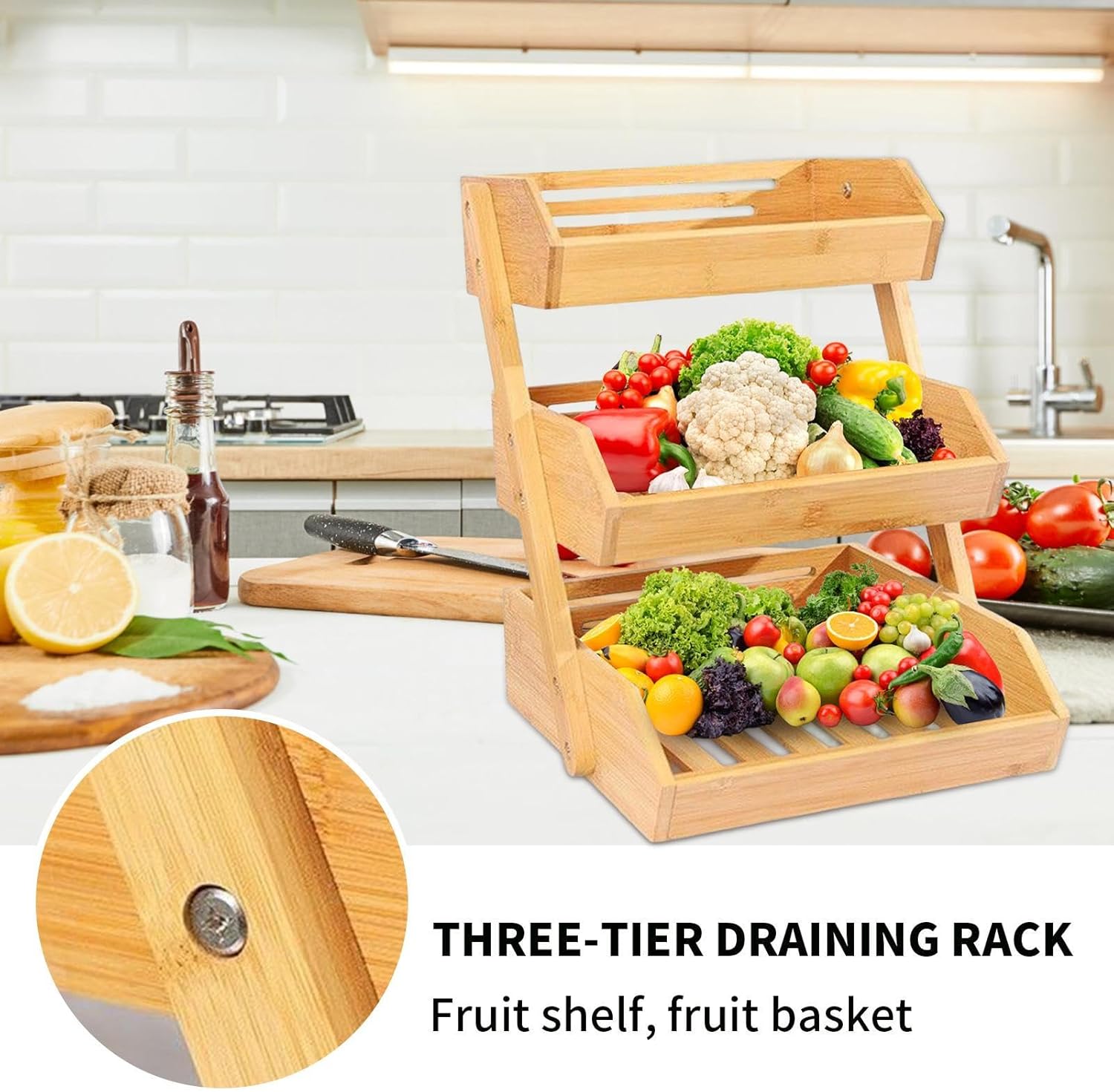 3段フルーツバスケット - 3段 木製 大型 フルーツ ラック - キッチン収納・省スペース・アウトドアサーブに最適