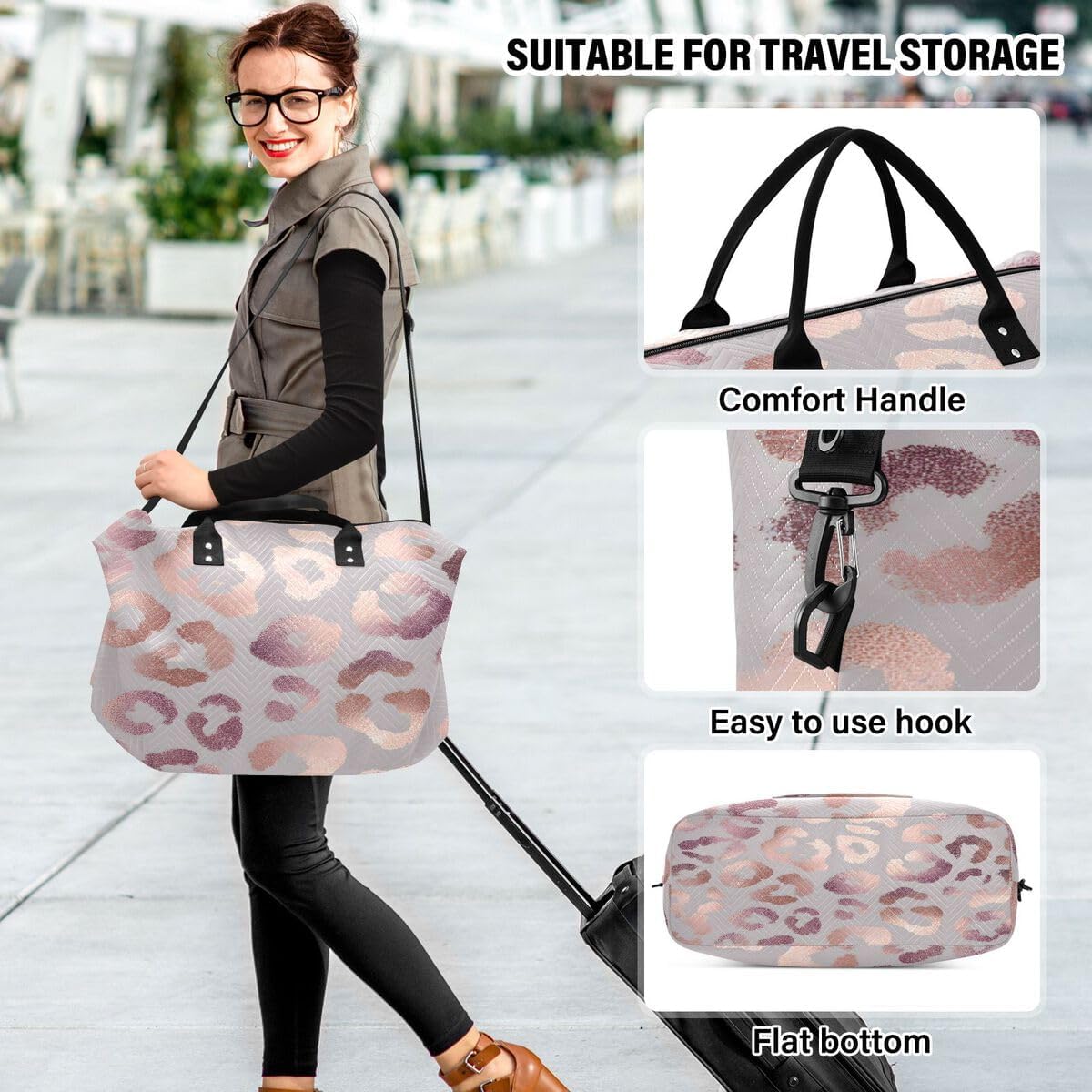 Leopard Print Cheetah Rose Gold Travel Duffle Bag Gym Bag Weekender Bags with Toiletry Bag Travel Trip Tote Bag