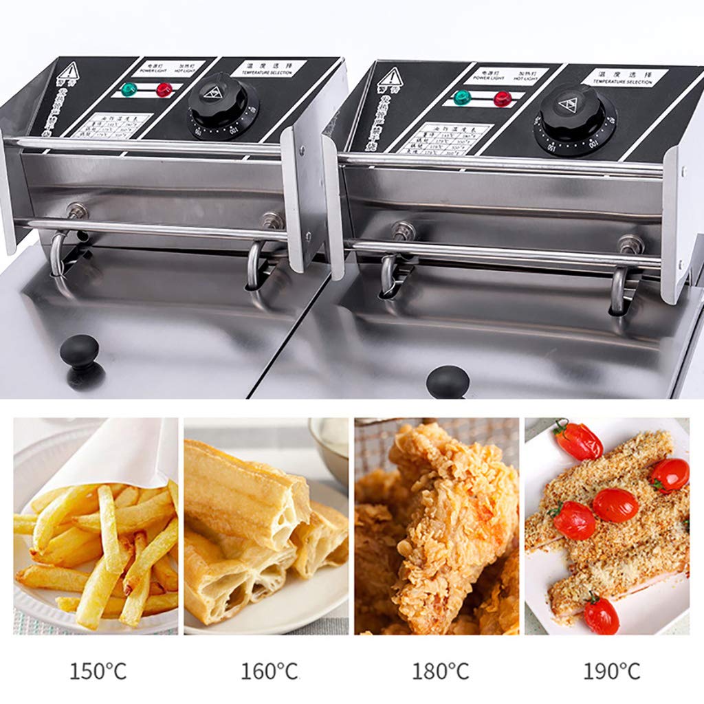 Freidora eléctrica comercial de 12 l con doble tanque y cesta doble para encimera, de acero inoxidable resistente, para restaurante (55 x 44 x 31 cm)